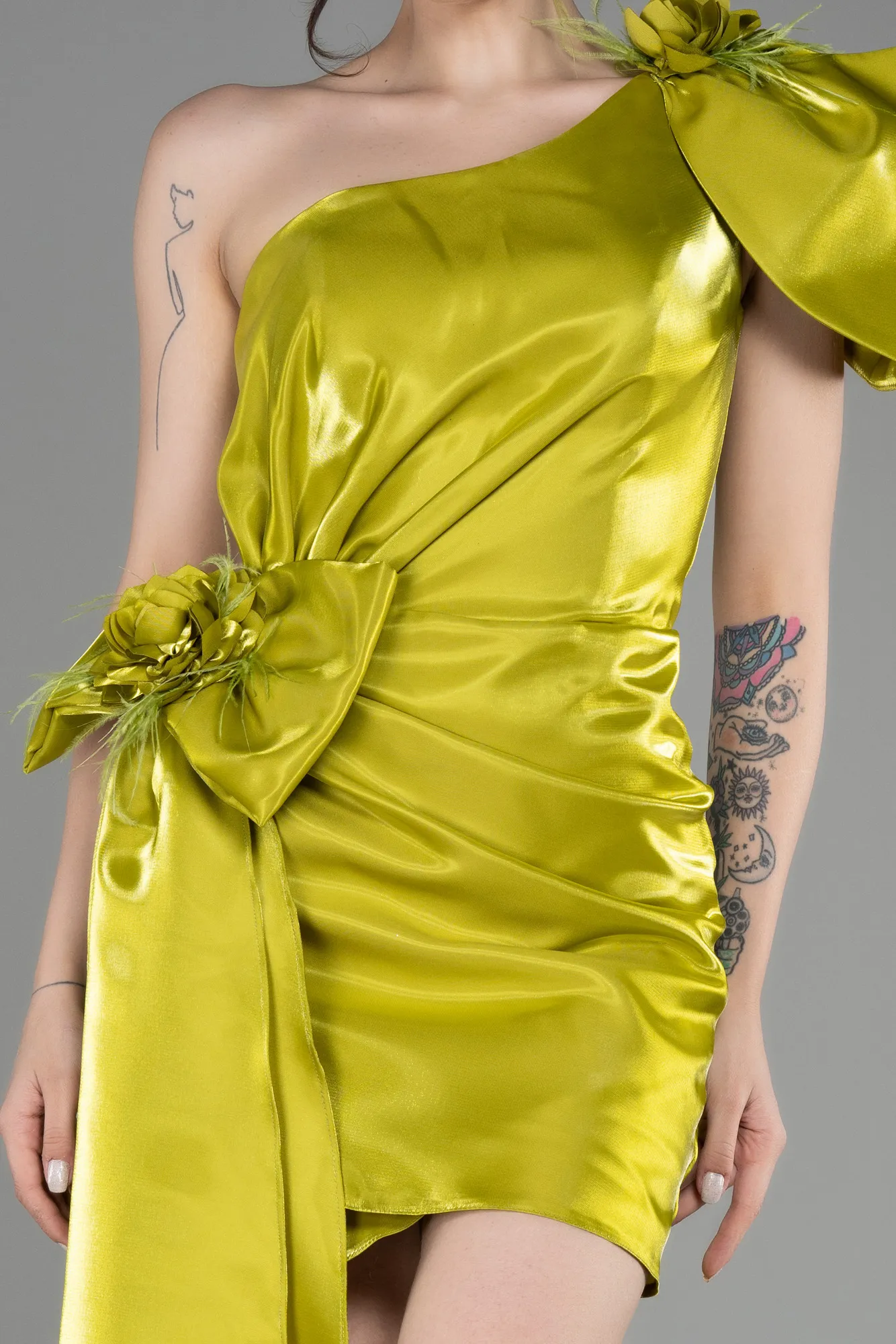 Pistachio Green-One Shoulder Satin Short Cocktail Dress ABK2036