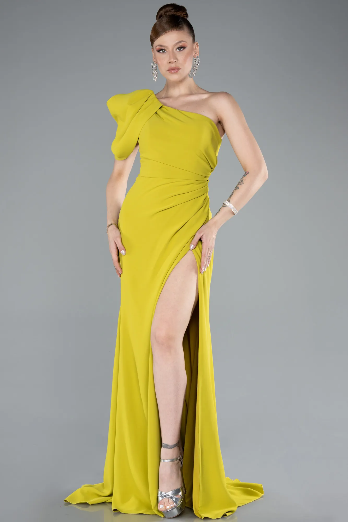 Pistachio Green-One Shoulder Slit Long Chiffon Prom Dress ABU4091