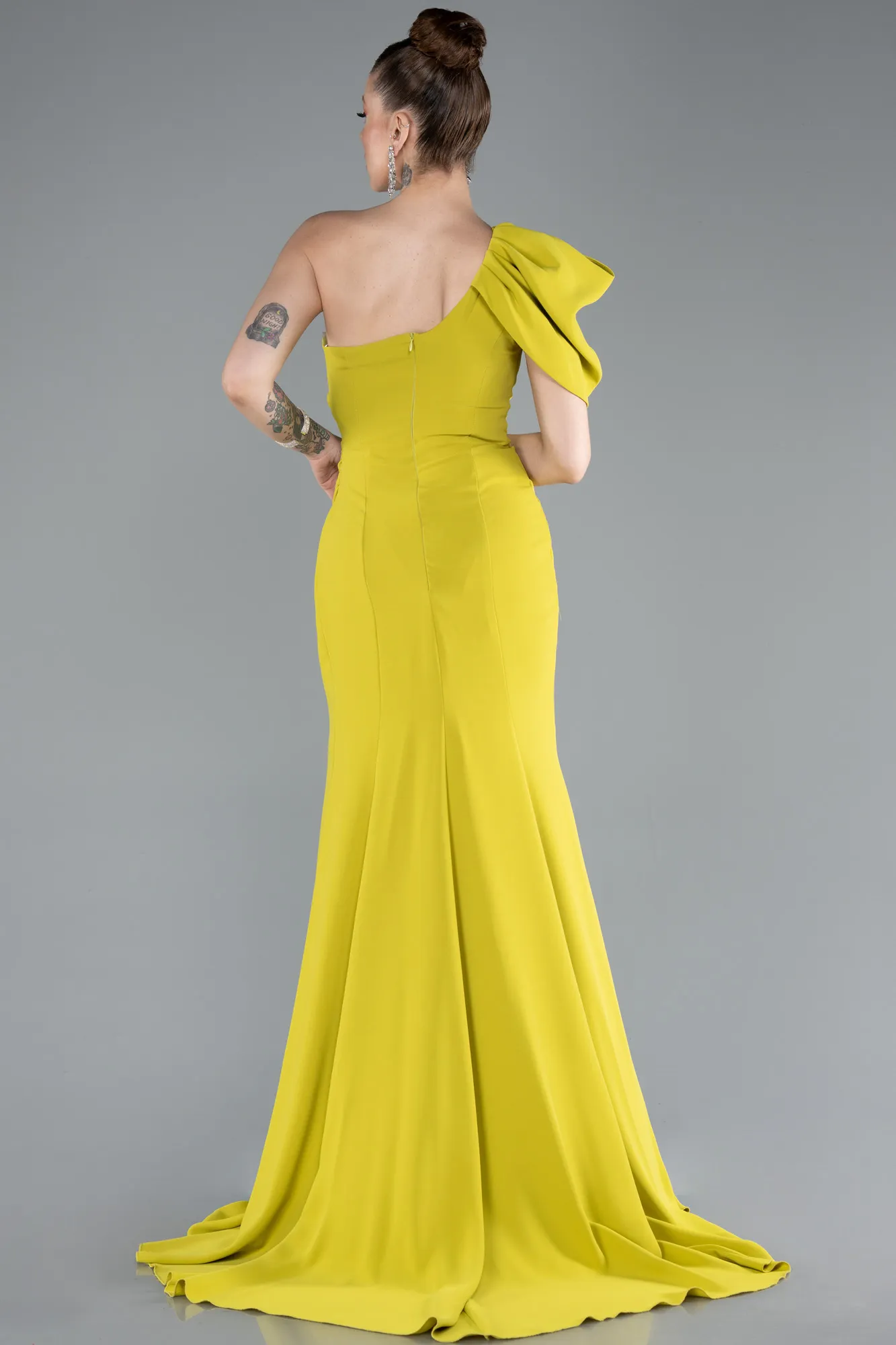 Pistachio Green-One Shoulder Slit Long Chiffon Prom Dress ABU4091