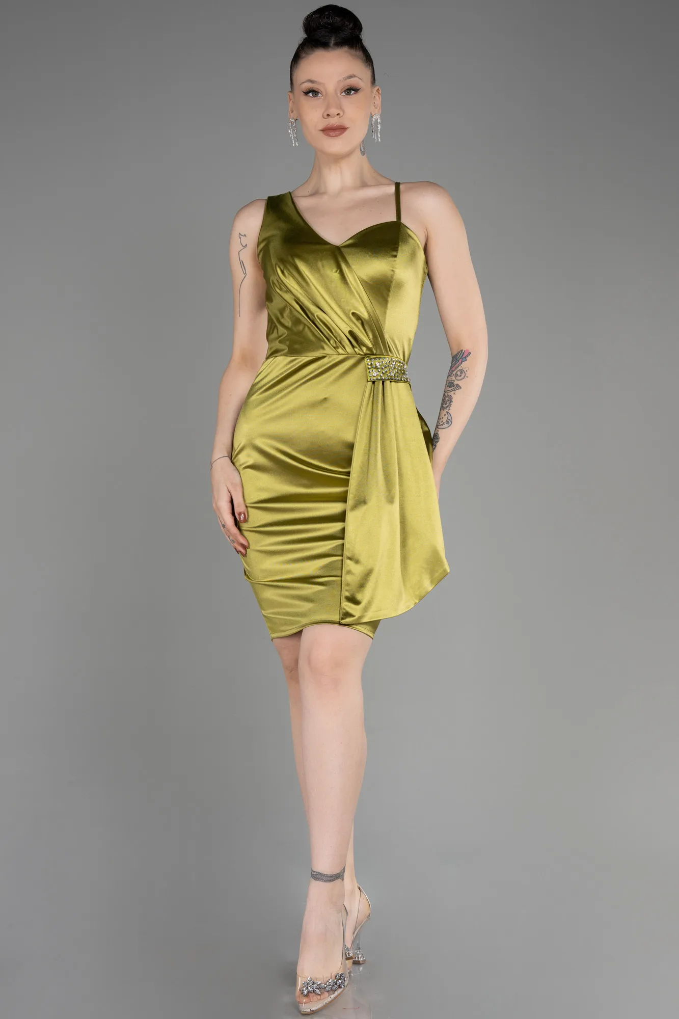 Pistachio Green-Short Satin Cocktail Dress ABK2024