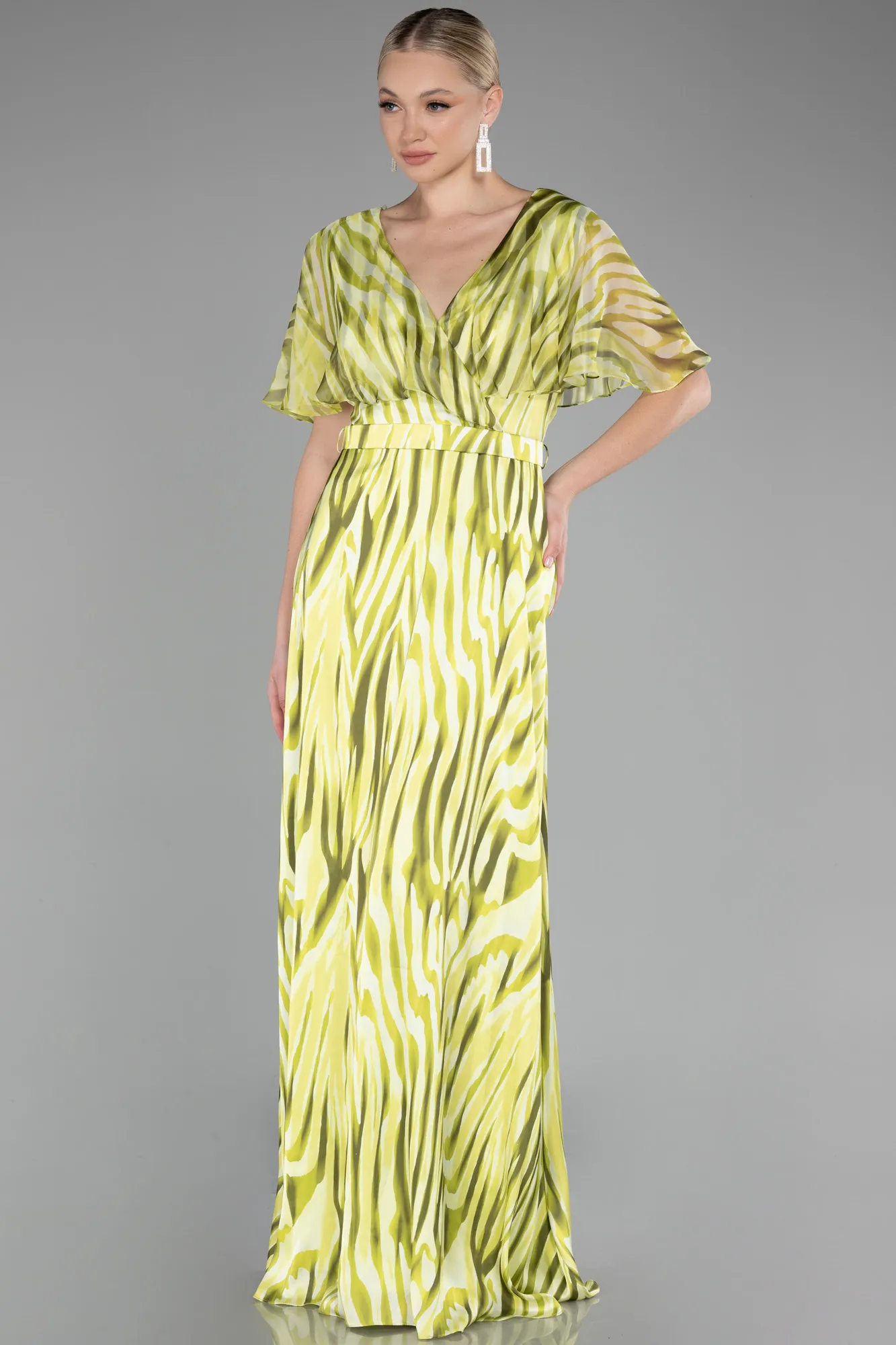 Pistachio Green-Short Sleeve Print Long Satin Prom Dress ABU3973