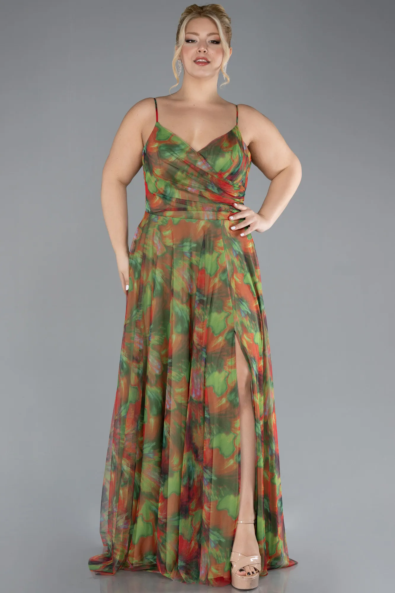 Pistachio Green-Slit Long Patterned Plus Size Prom Dress ABU4355