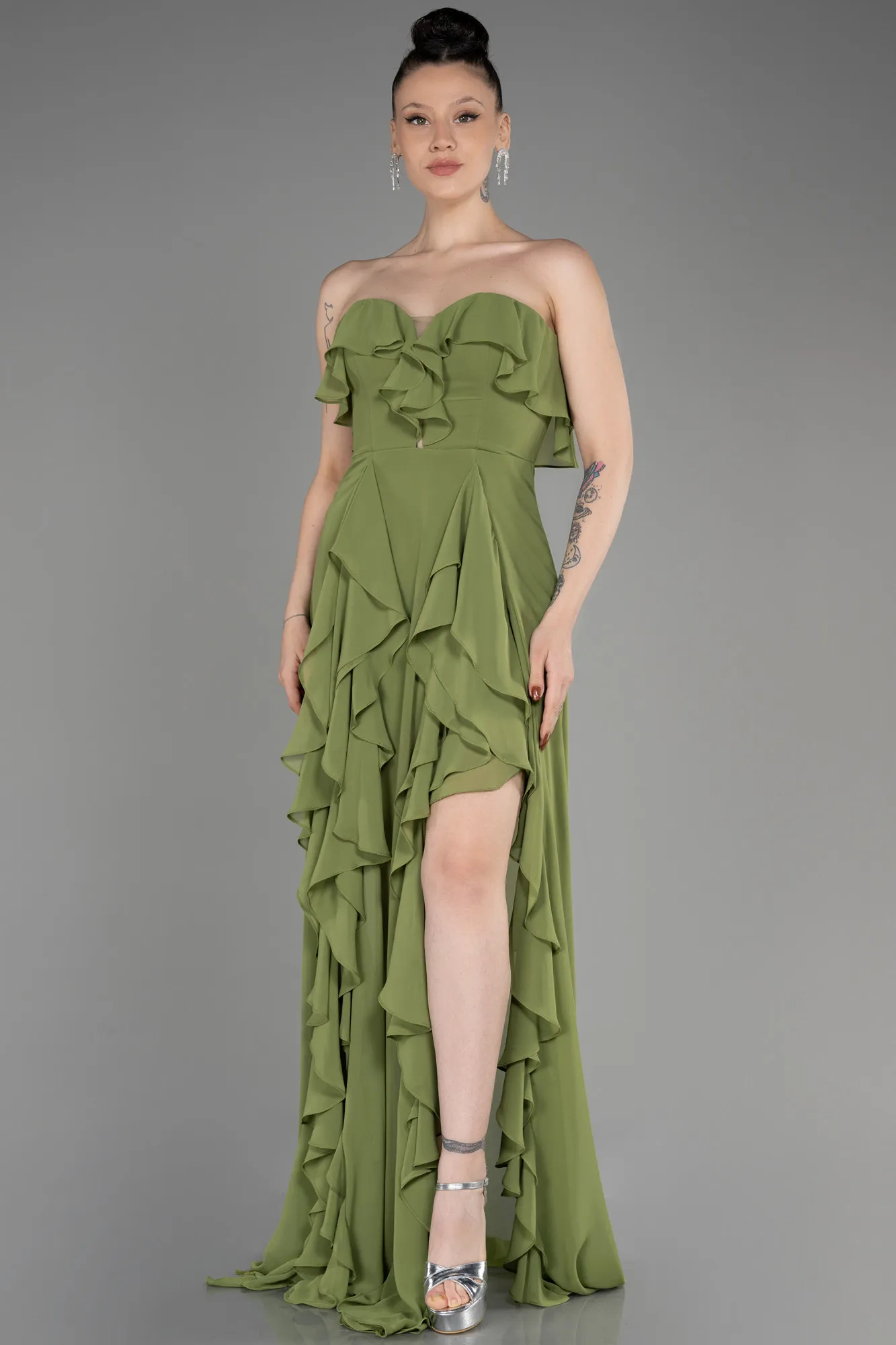 Pistachio Green-Strapless Long Chiffon Prom Dress ABU3838