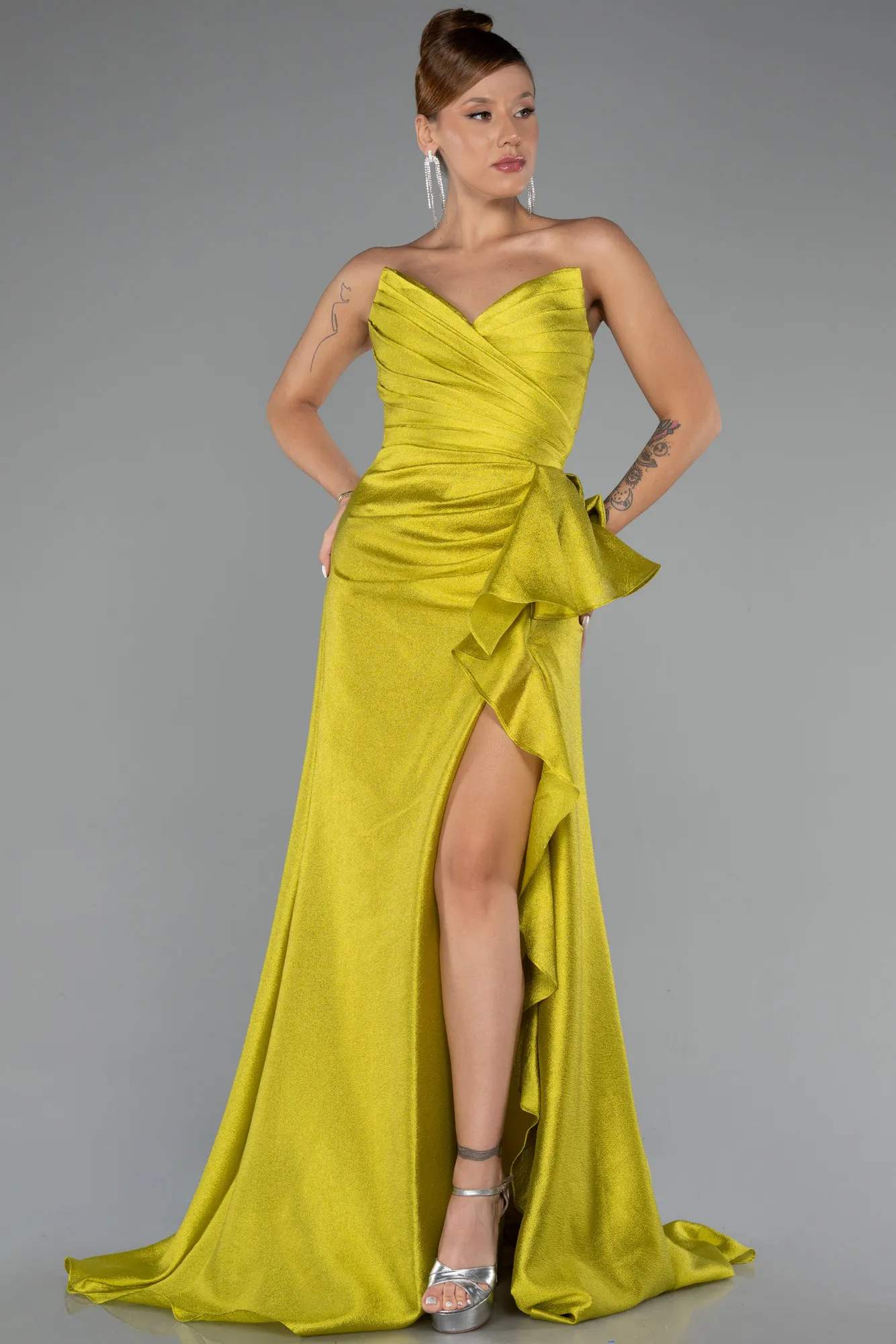 Pistachio Green-Strapless Slit Long Evening Gown ABU4724