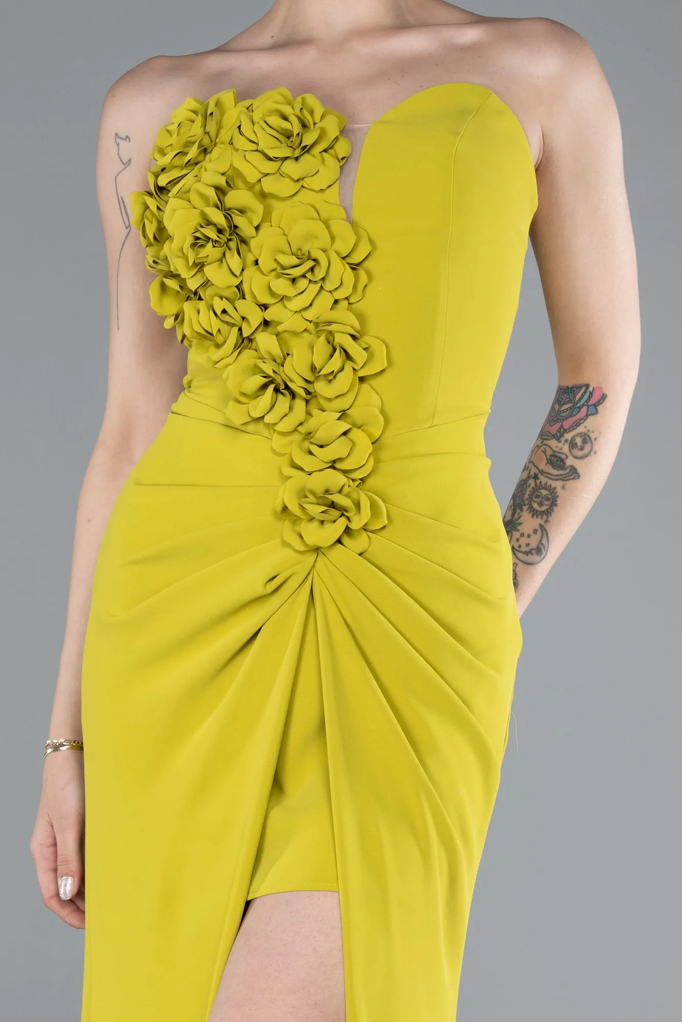 Pistachio Green-Strapless Slit Long Prom Gown ABU4213