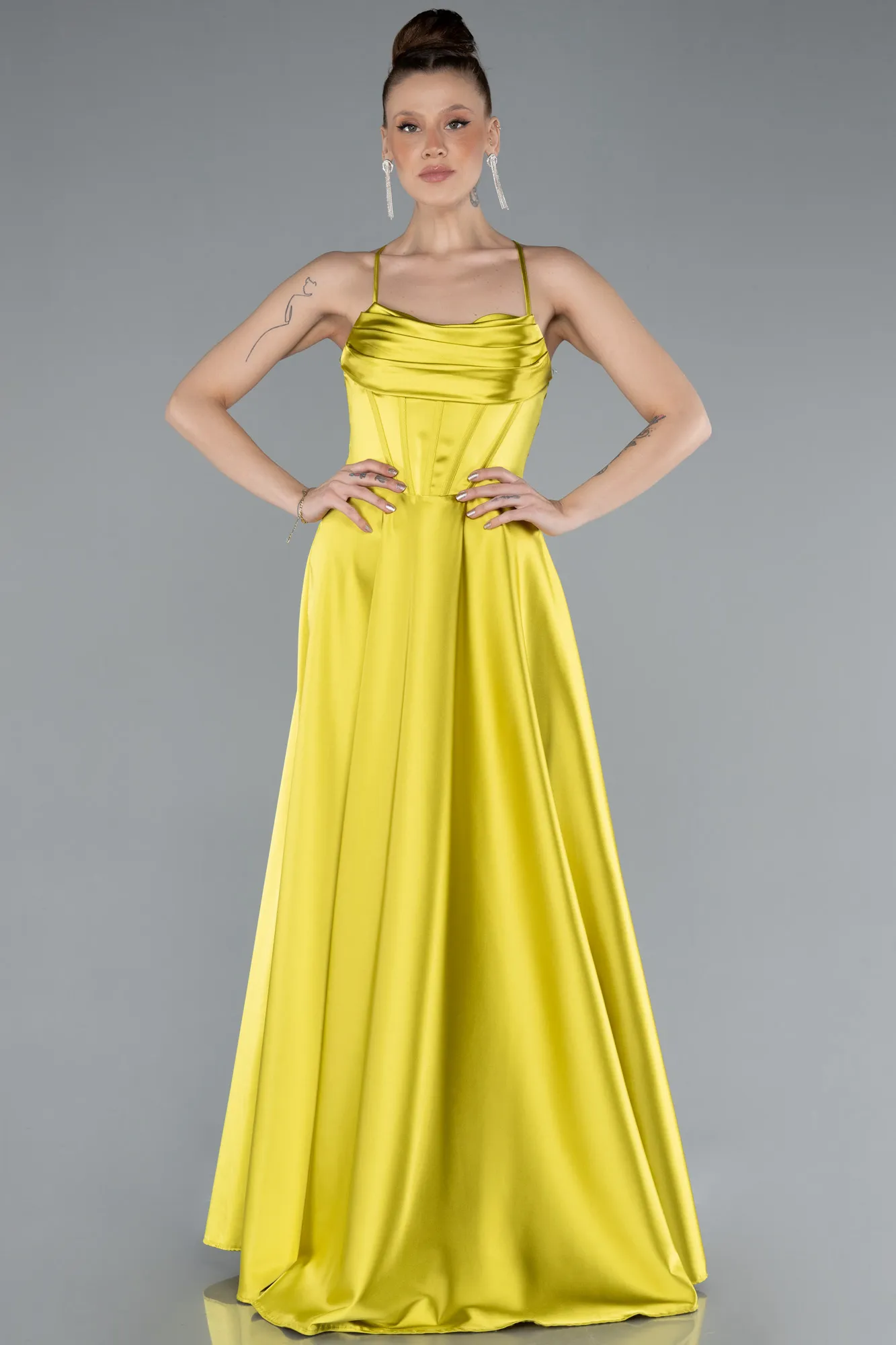 Pistachio Green-Strappy Long Satin Prom Dress ABU4684