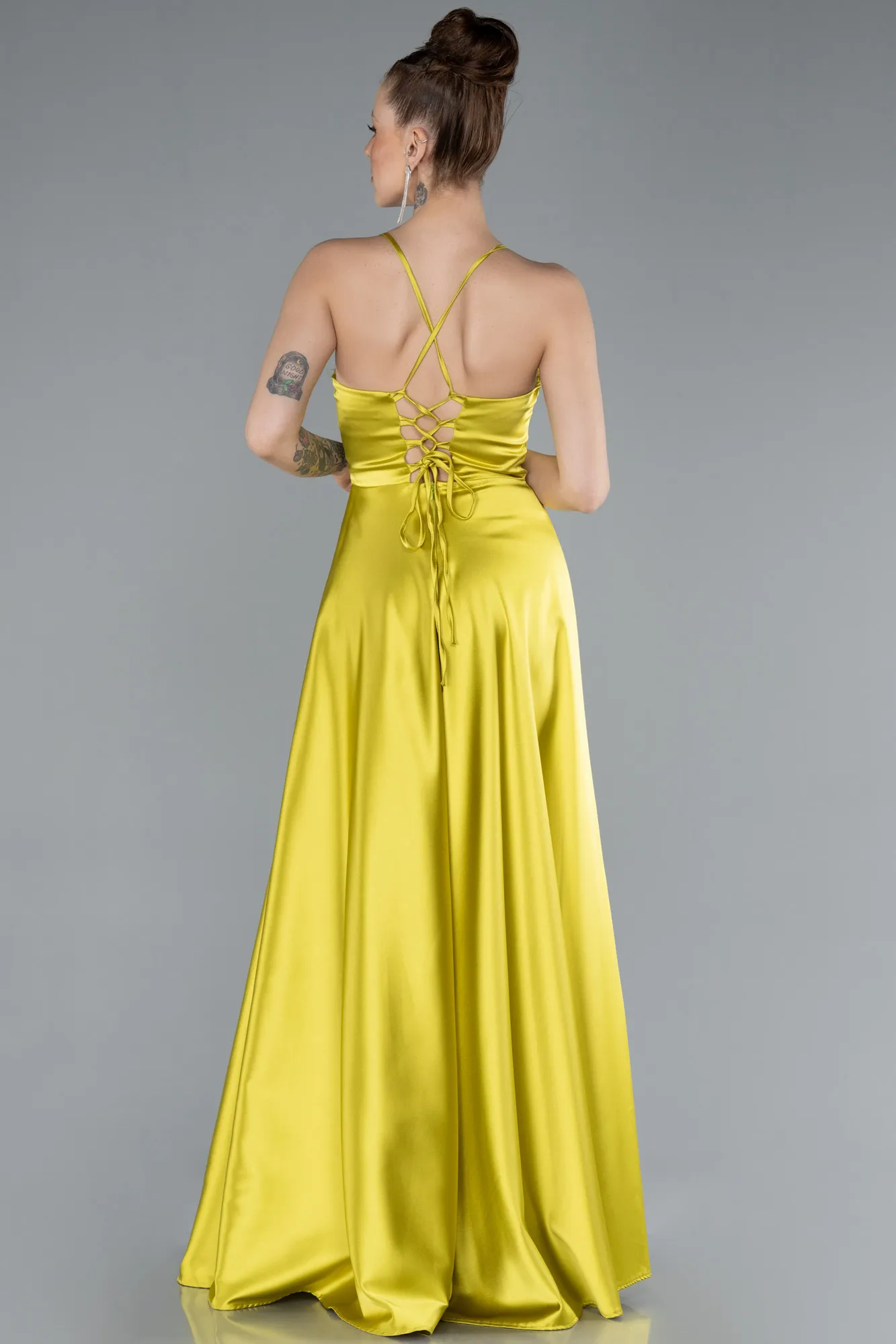 Pistachio Green-Strappy Long Satin Prom Dress ABU4684