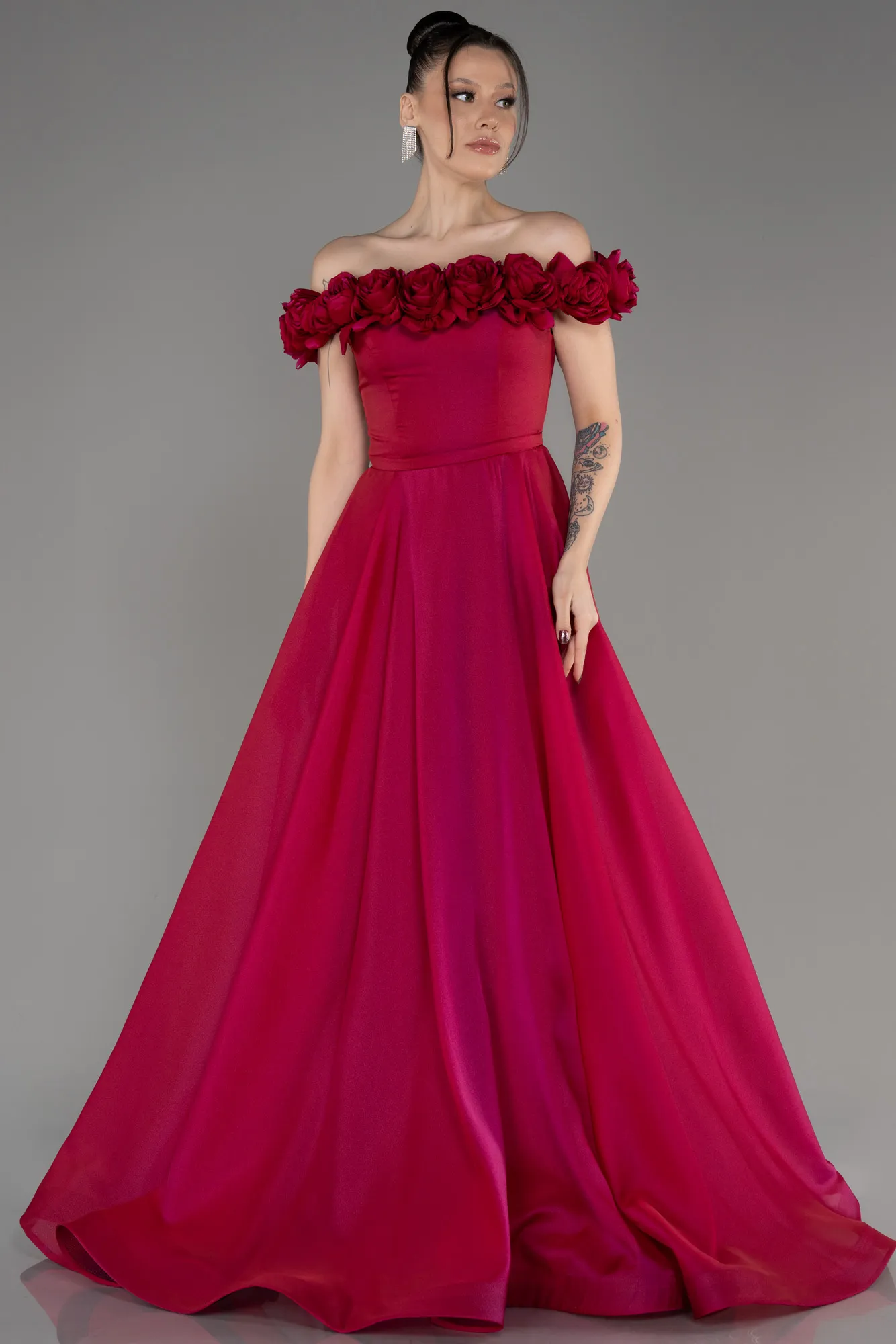 Plum-Boat Neck Long Princess Evening Dress ABU3960