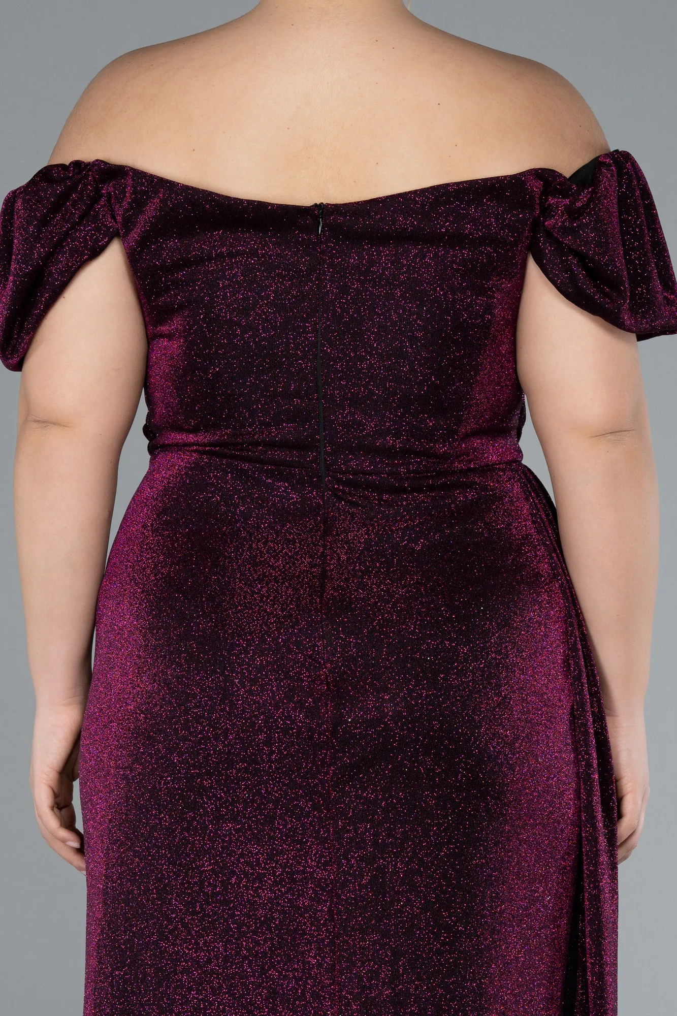 Plum-Boat Neck Midi Glittered Plus Size Evening Dress ABK2181