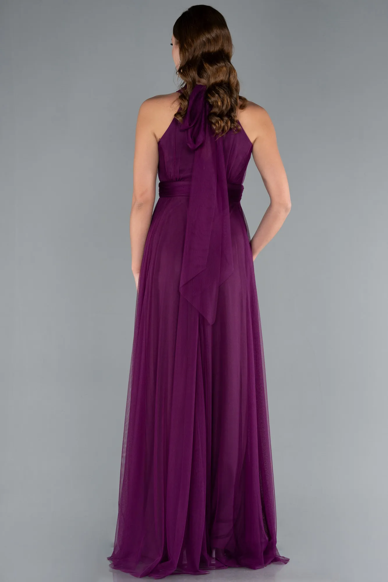 Plum-Halter Neck Long Graduation Prom Dress ABU3252