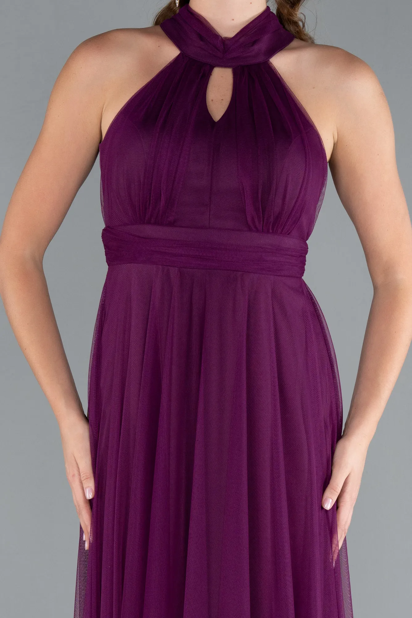 Plum-Halter Neck Long Graduation Prom Dress ABU3252