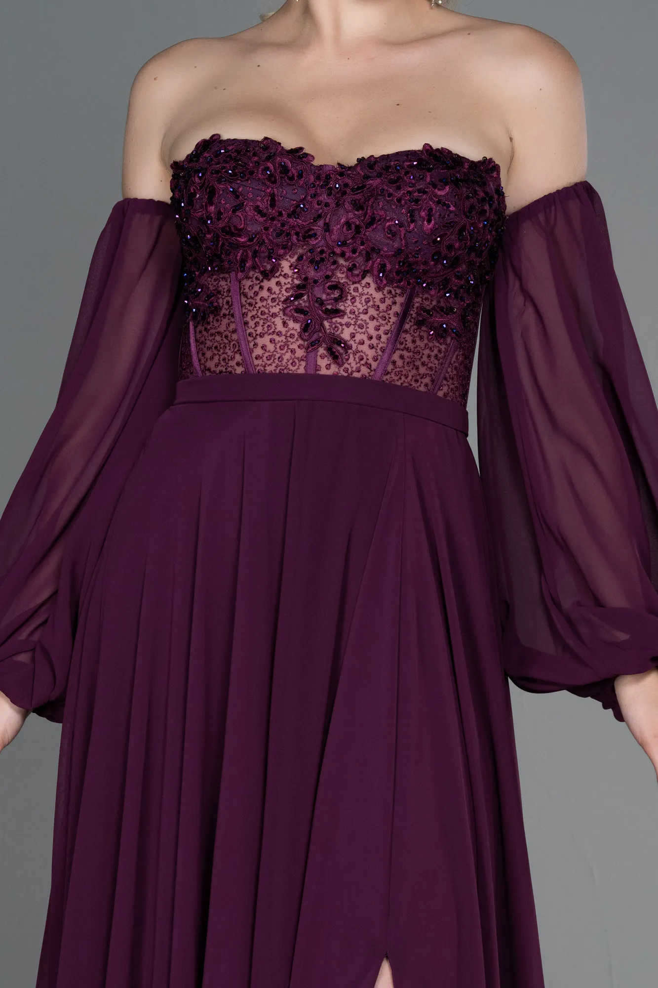 Plum-Long Chiffon Evening Dress ABU3450