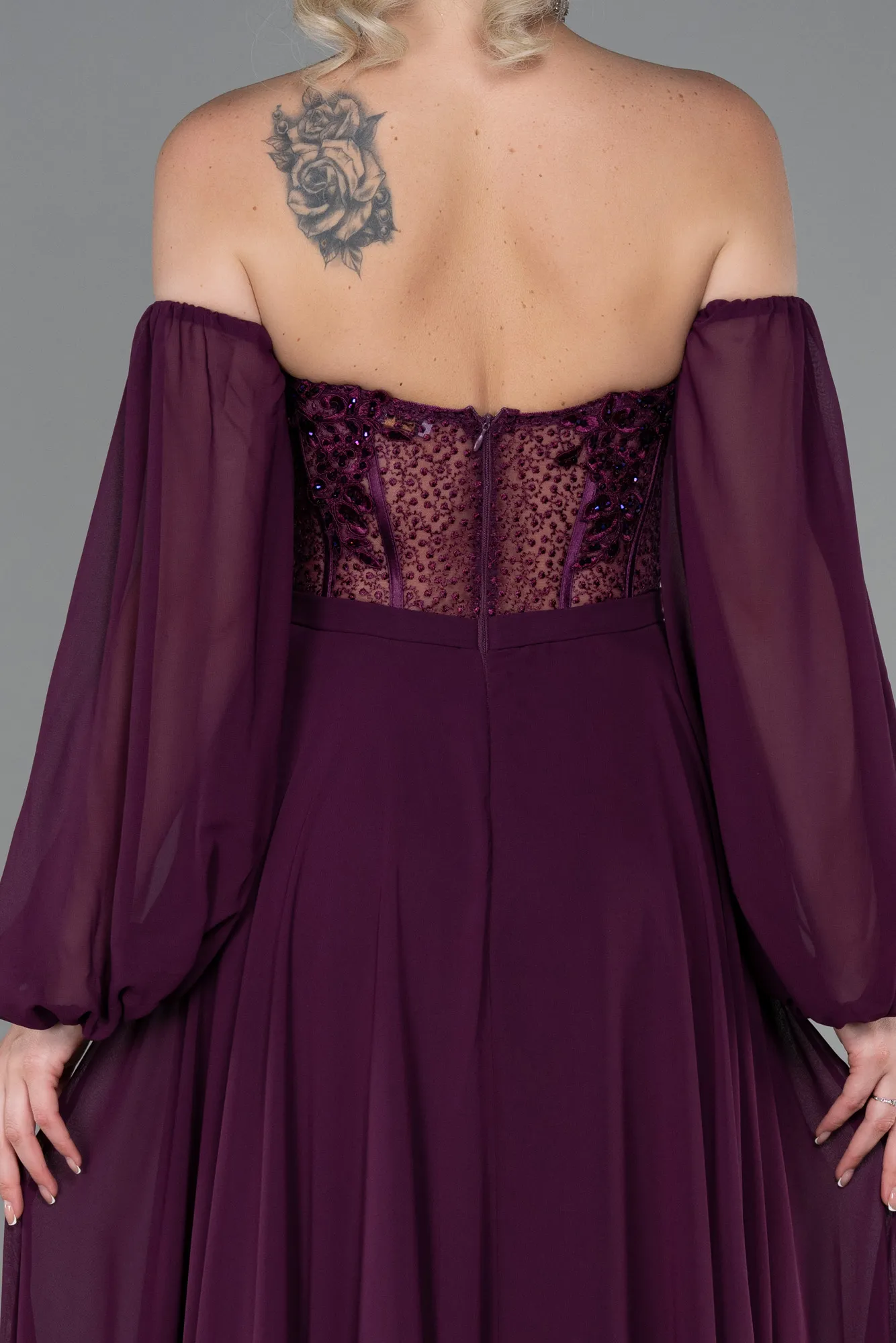 Plum-Long Chiffon Evening Dress ABU3450