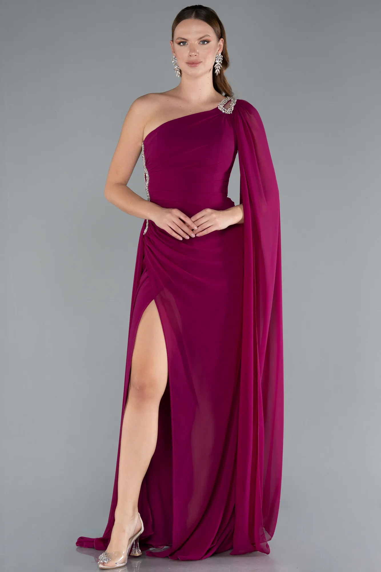 Plum-Long Chiffon Evening Dress ABU4406