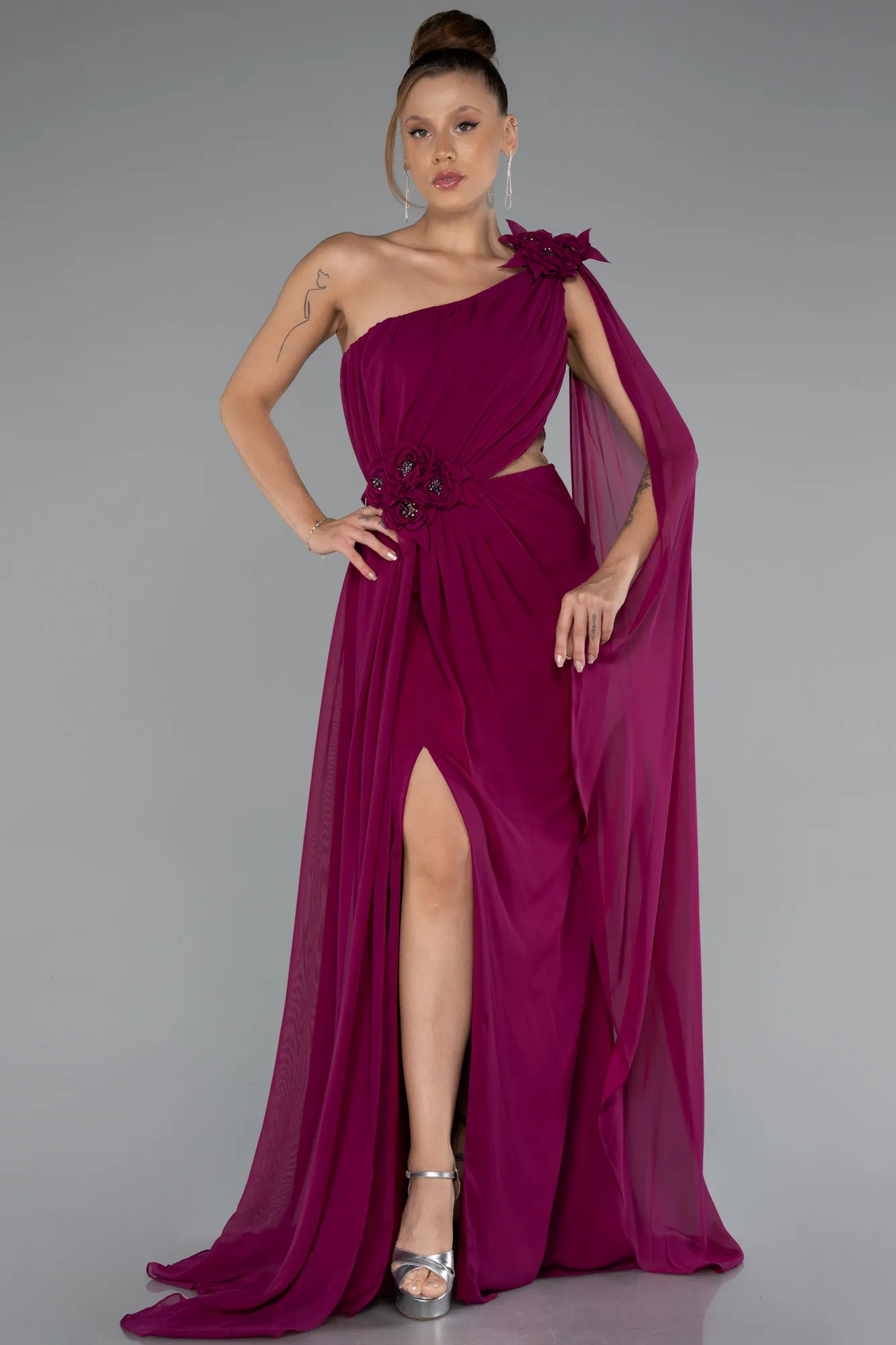 Plum-Long Chiffon Evening Dress ABU5144