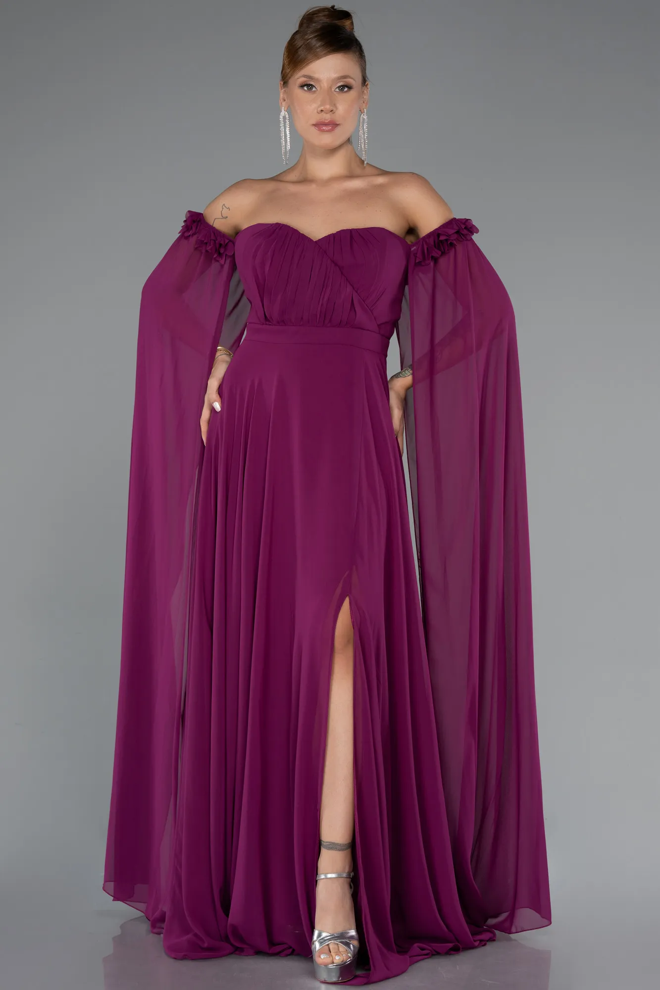 Plum-Long Chiffon Plus Size Evening Dress ABU3464