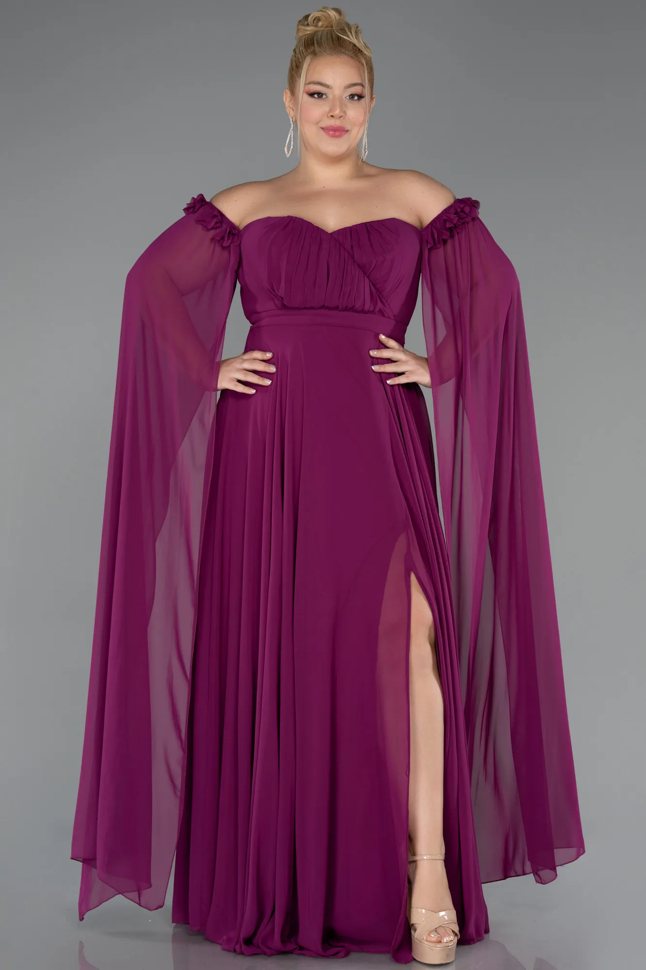 Plum-Long Chiffon Plus Size Evening Dress ABU3464