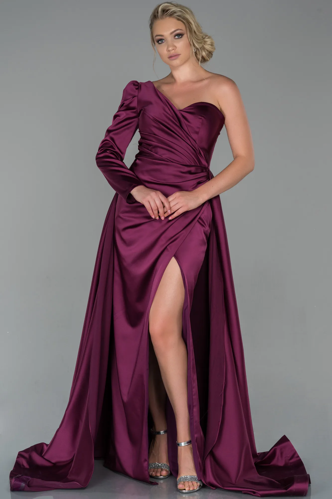 Plum-Long Satin Evening Dress ABU1715