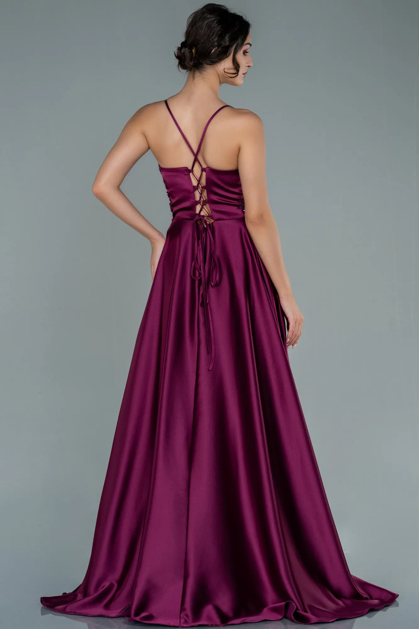 Plum-Long Satin Evening Dress ABU2583