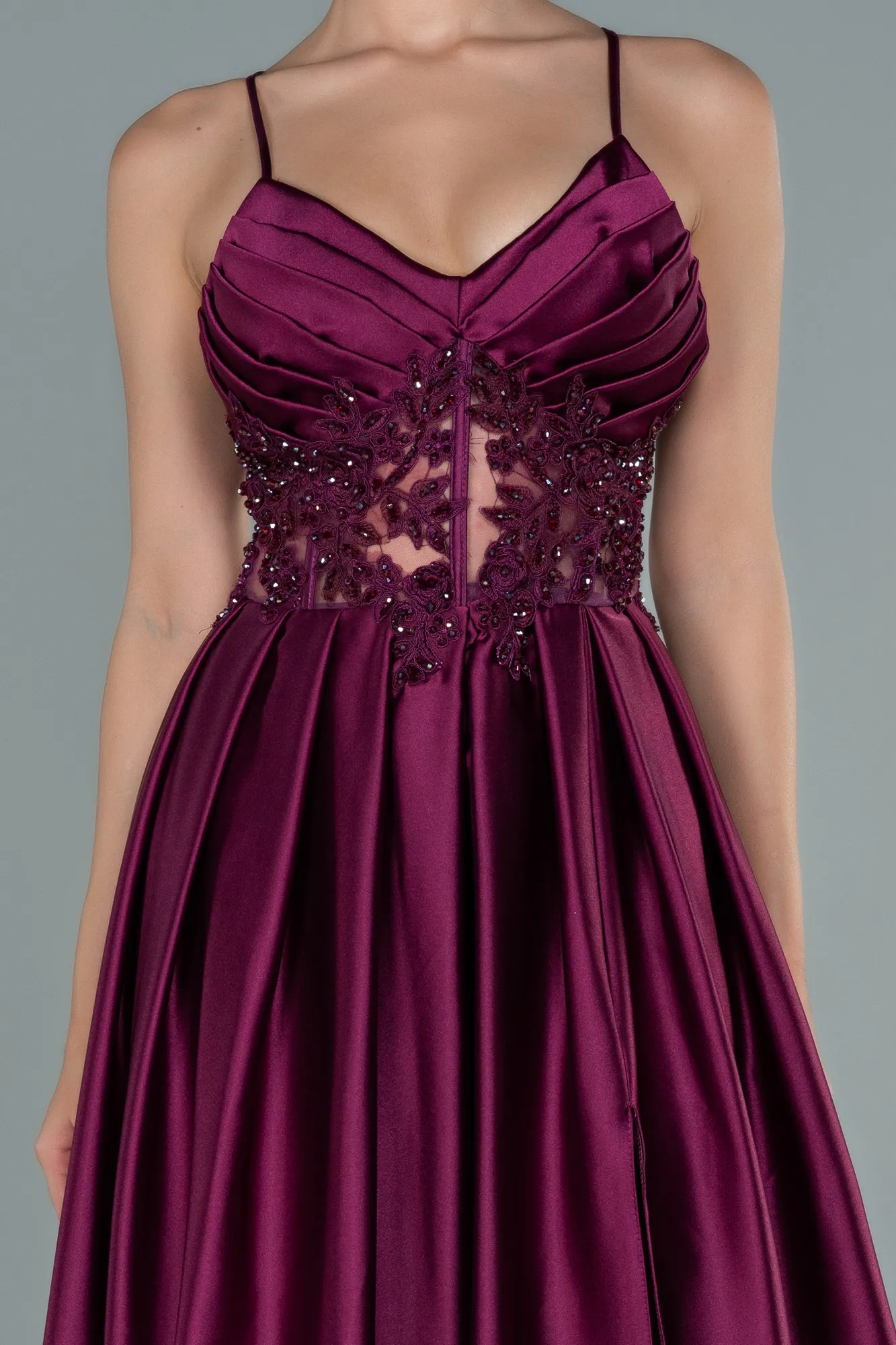 Plum-Long Satin Evening Dress ABU2583