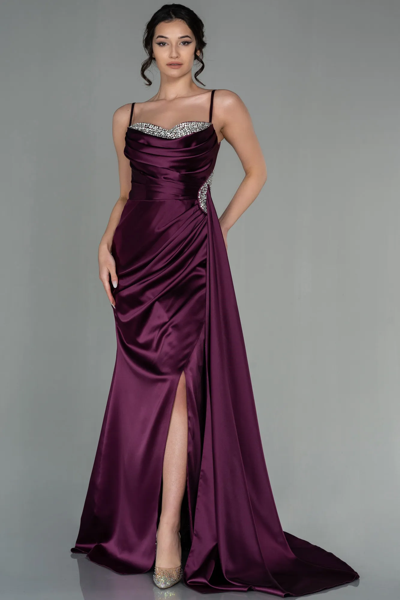 Plum-Long Satin Evening Dress ABU2792