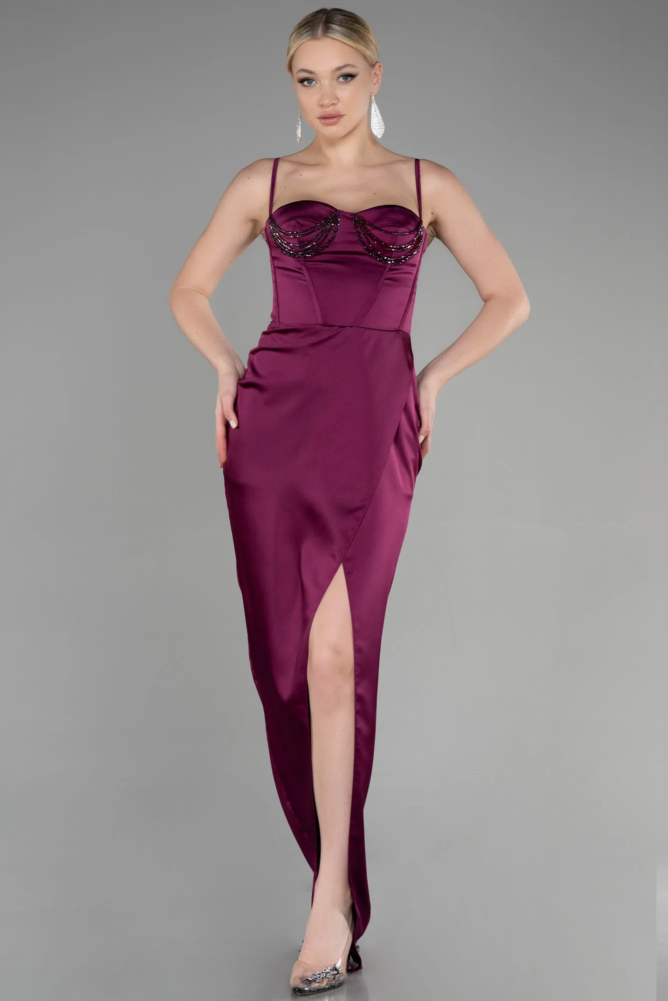 Plum-Long Satin Evening Dress ABU3390