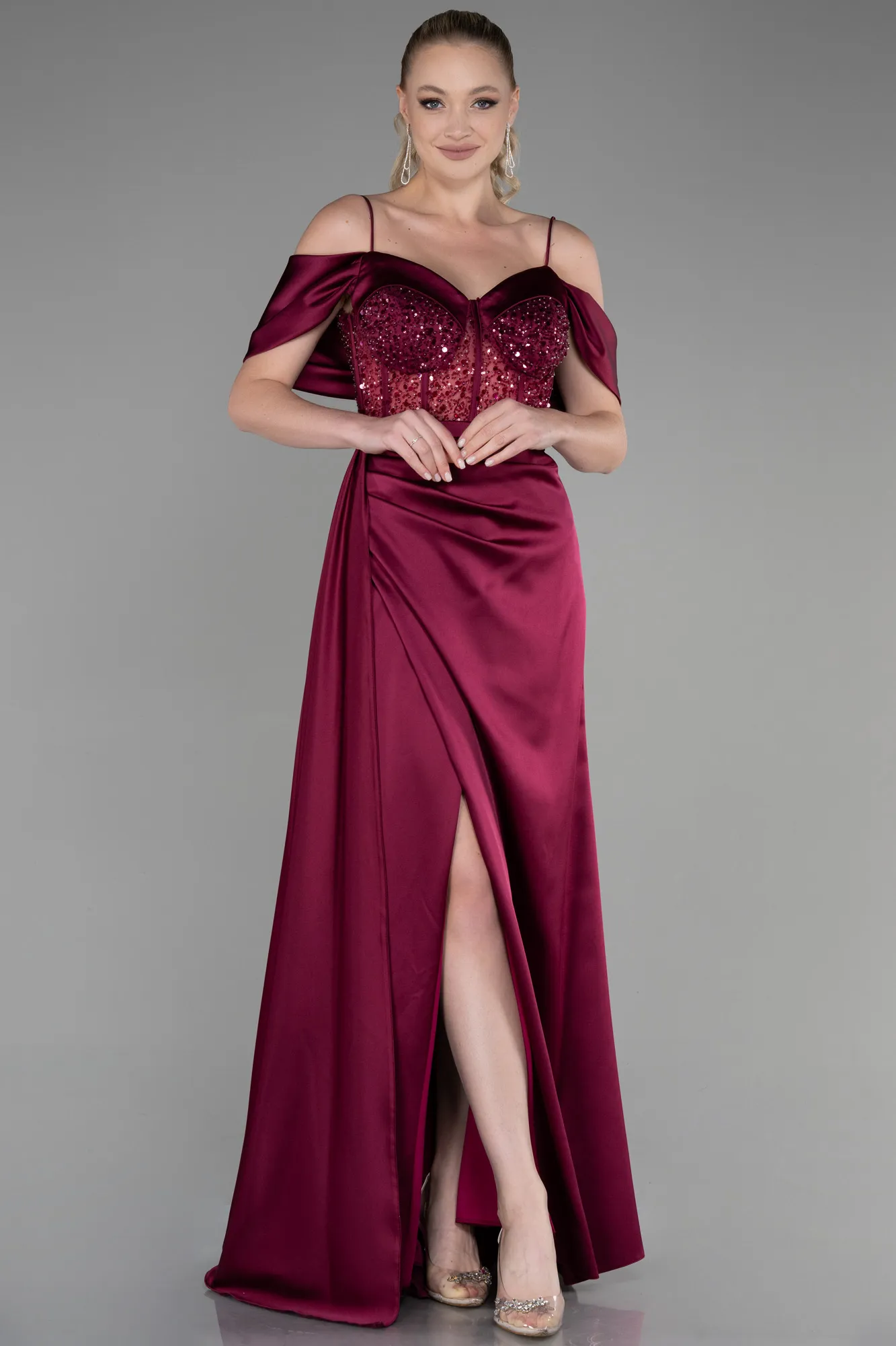 Plum-Long Satin Evening Dress ABU3391