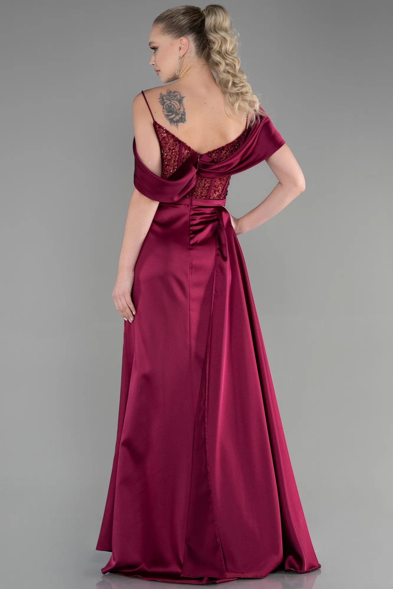 Plum-Long Satin Evening Dress ABU3391