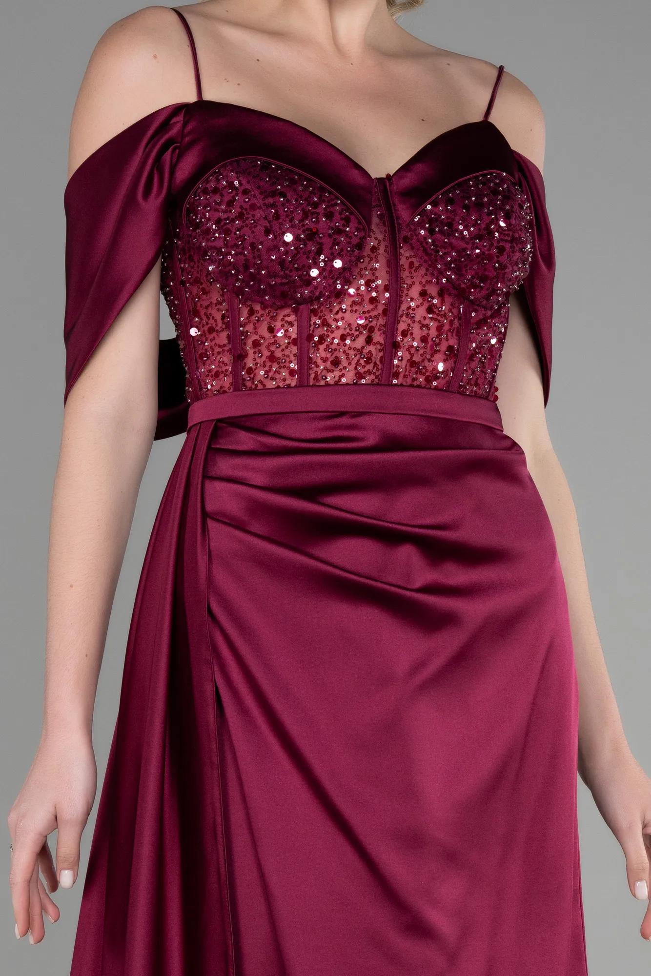 Plum-Long Satin Evening Dress ABU3391