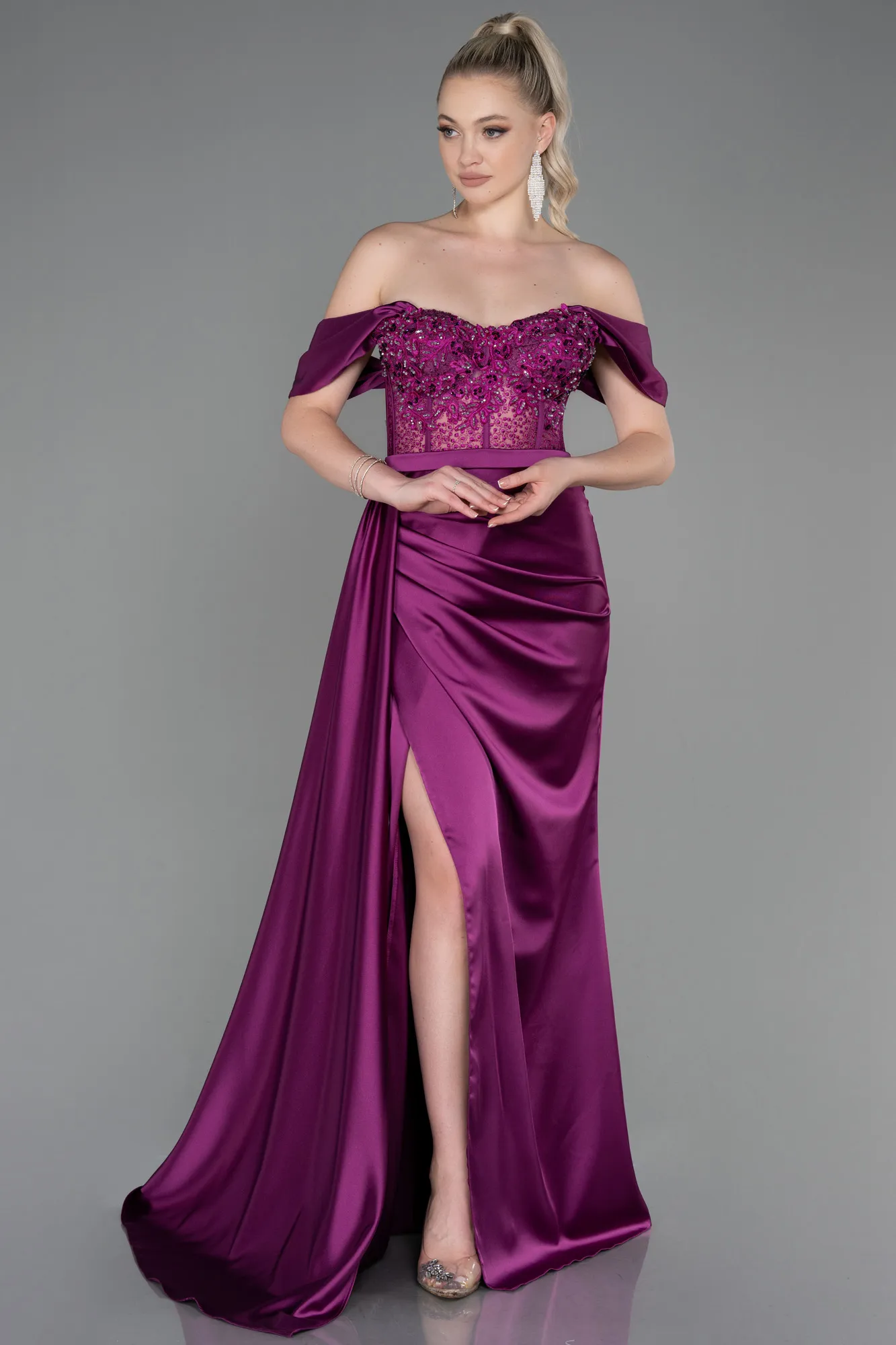 Plum-Long Satin Evening Dress ABU3446