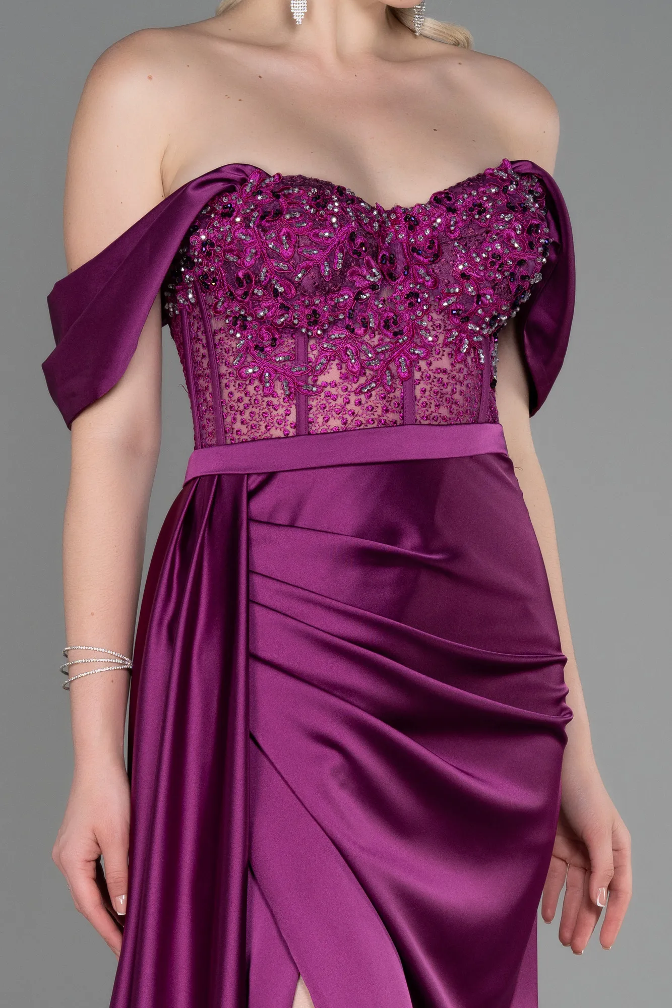 Plum-Long Satin Evening Dress ABU3446