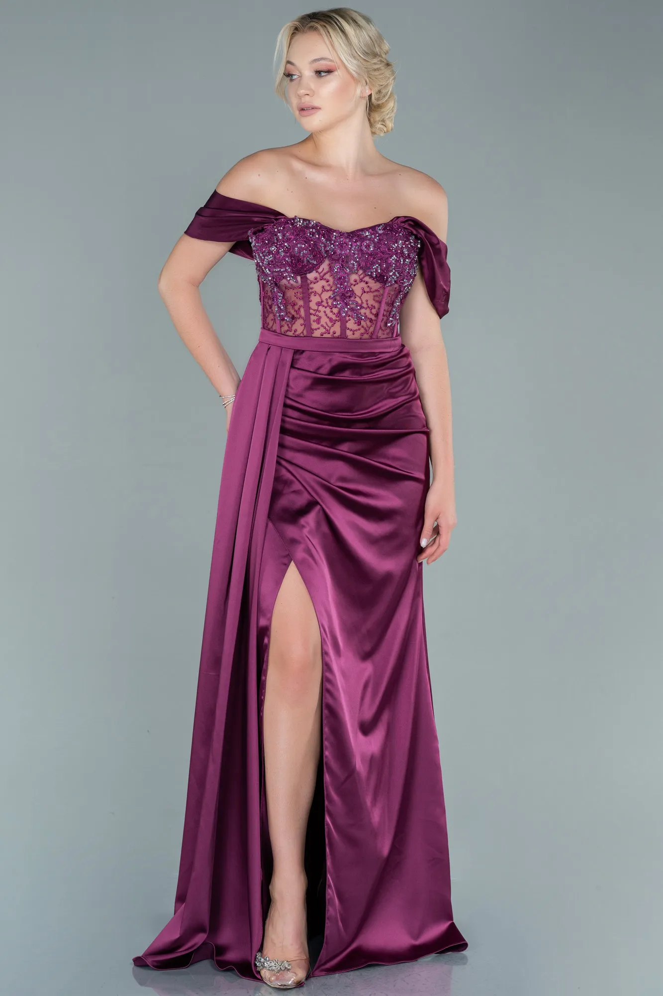Plum-Long Satin Evening Dress ABU3448