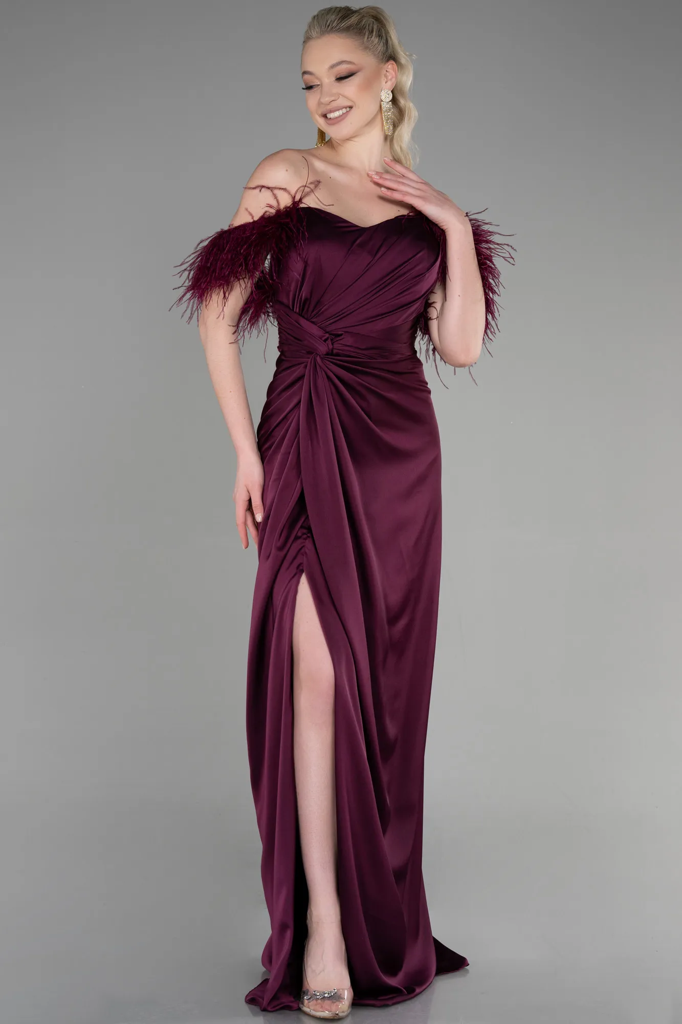 Plum-Long Satin Evening Dress ABU3631
