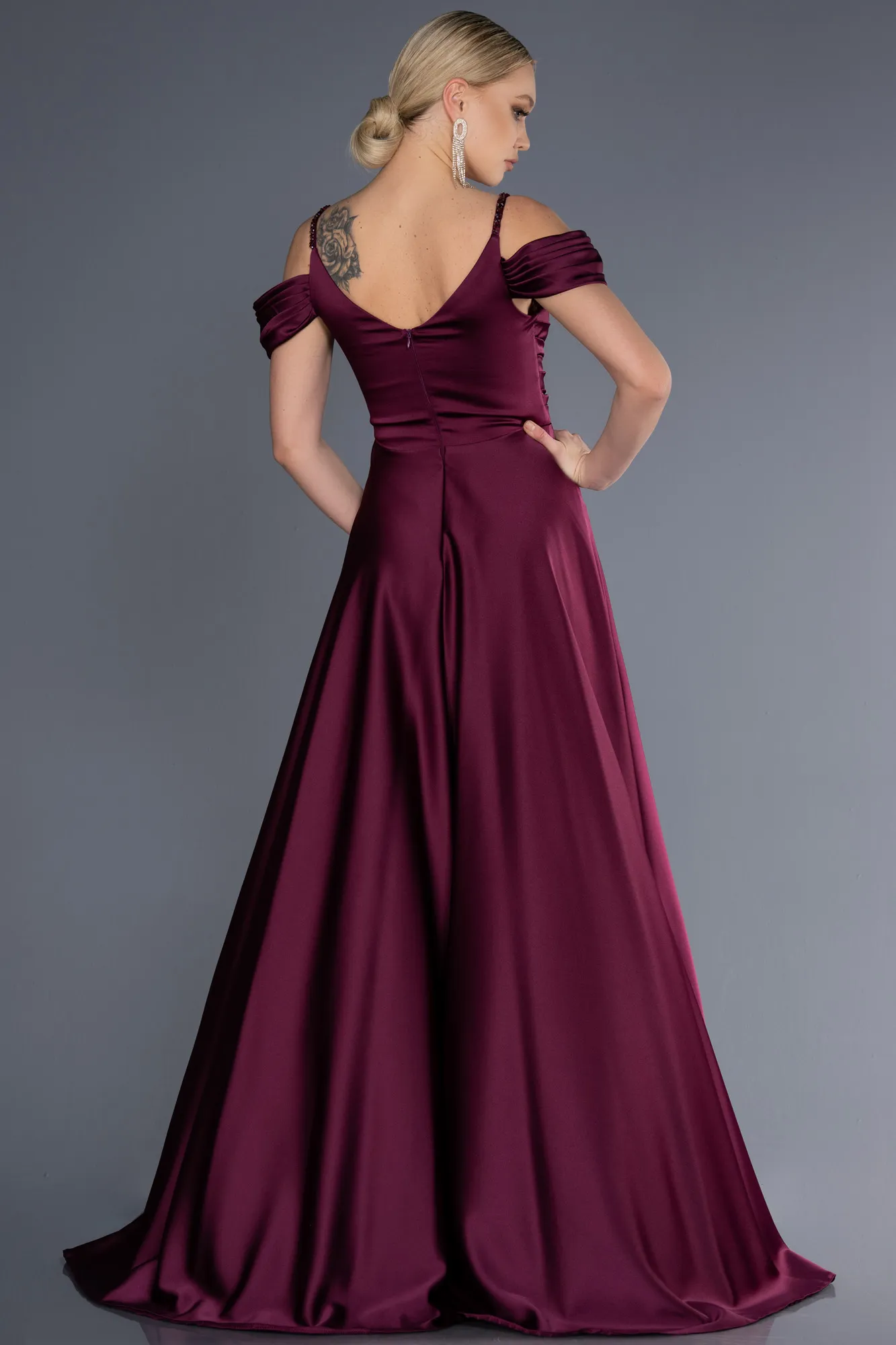 Plum-Long Satin Evening Dress ABU3678