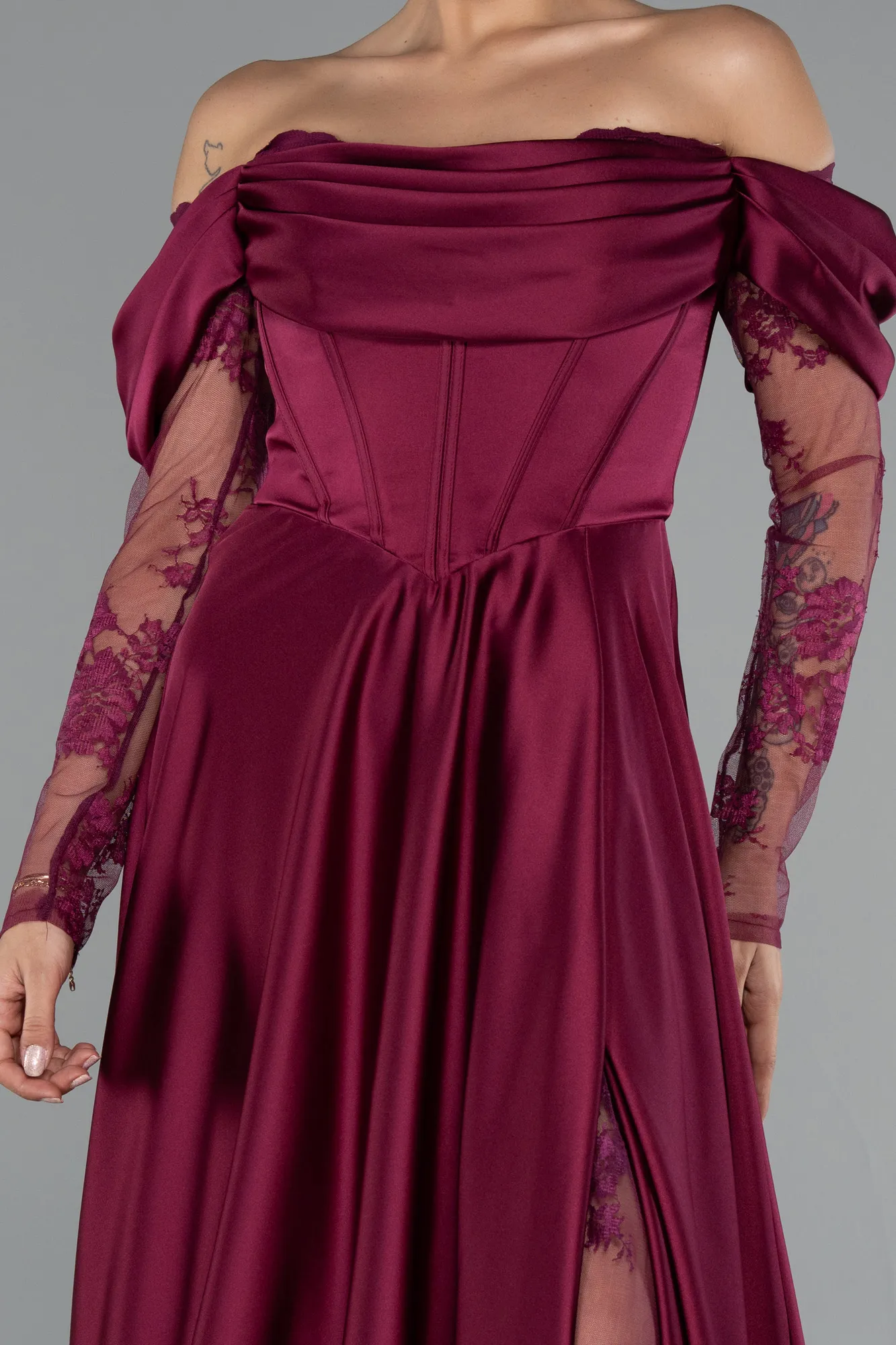 Plum-Long Satin Evening Dress ABU5054