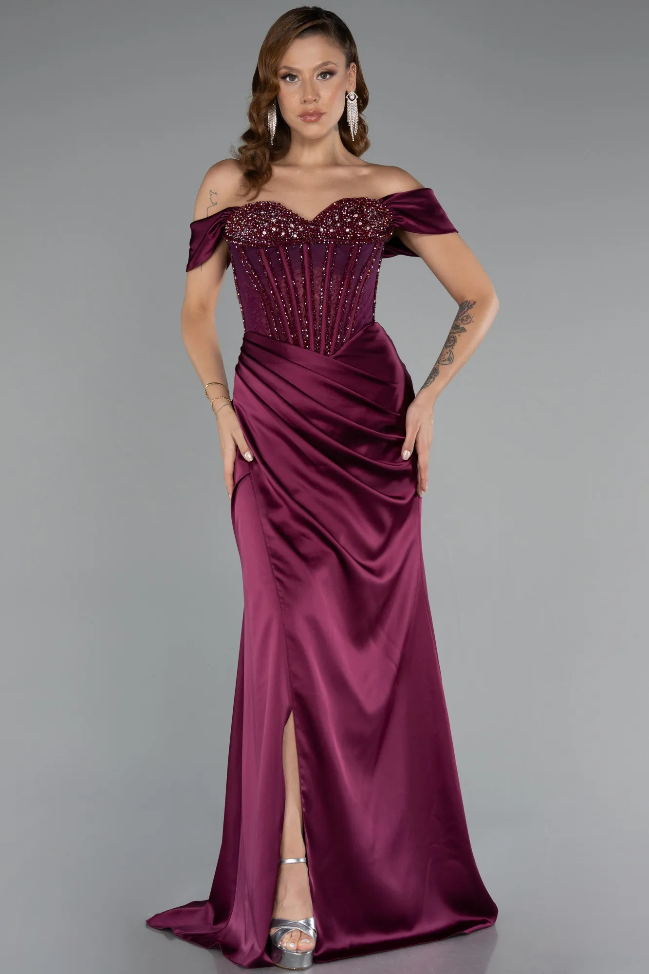 Plum-Long Satin Evening Dress ABU5130