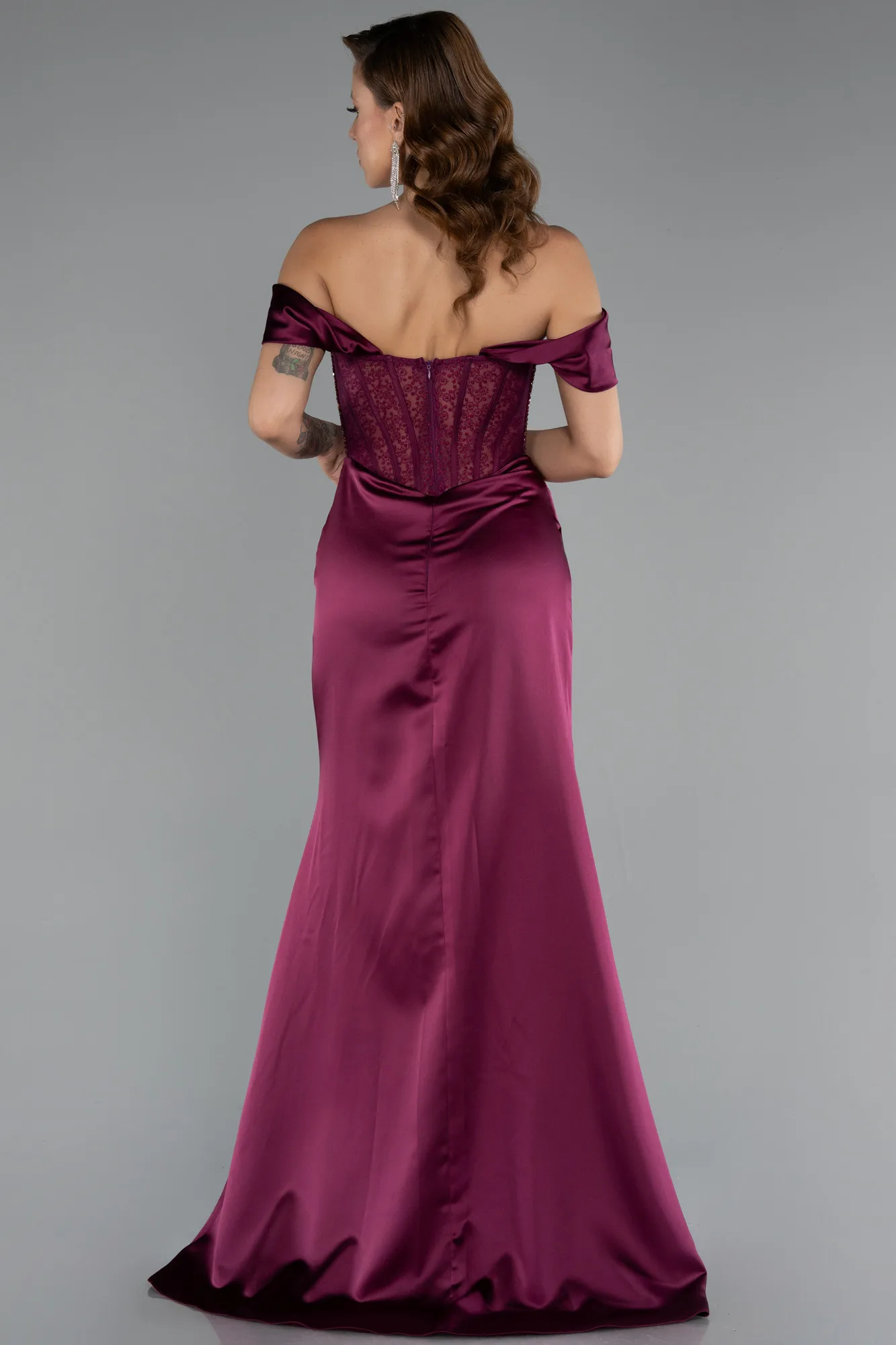 Plum-Long Satin Evening Dress ABU5130