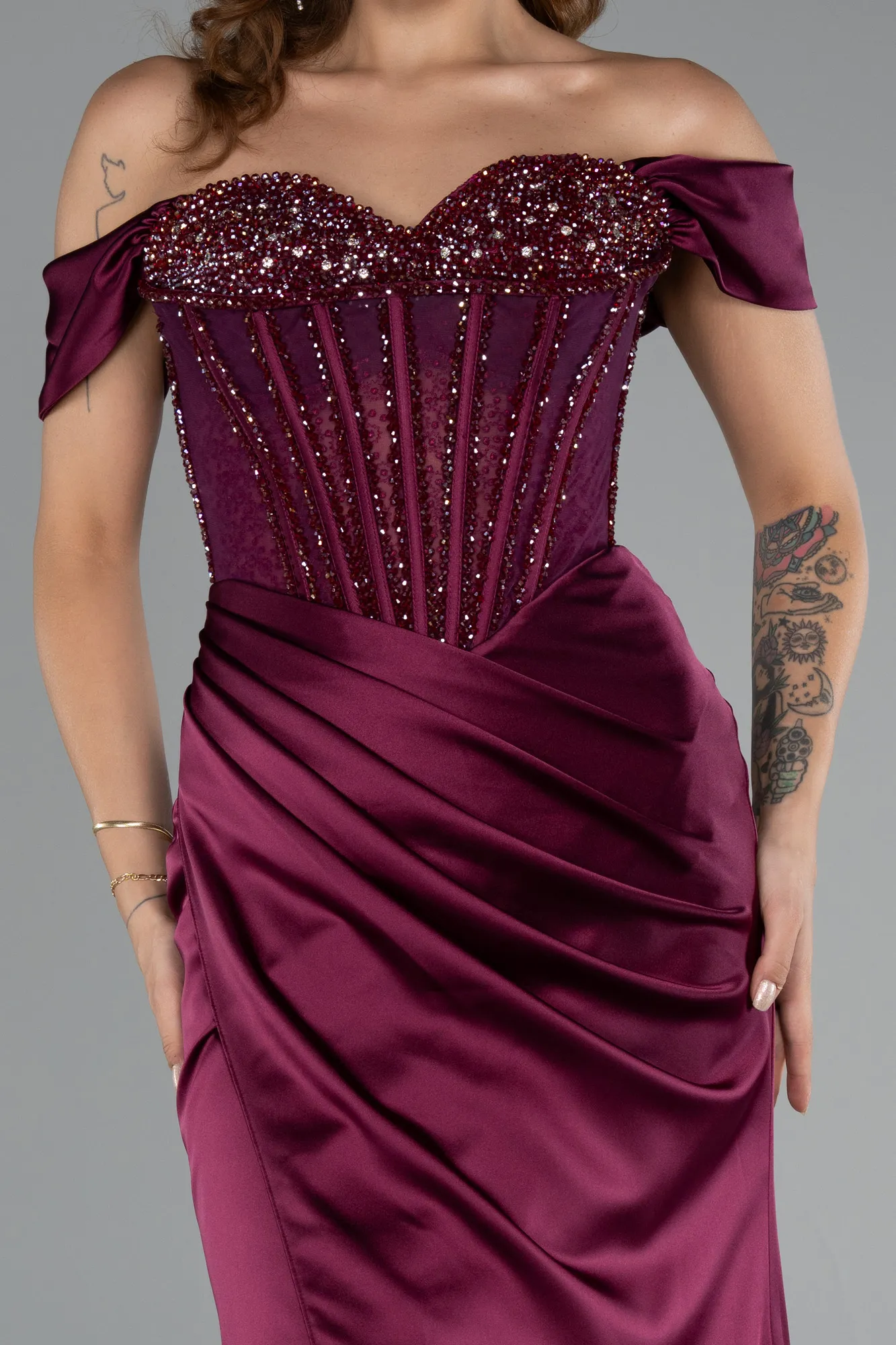 Plum-Long Satin Evening Dress ABU5130