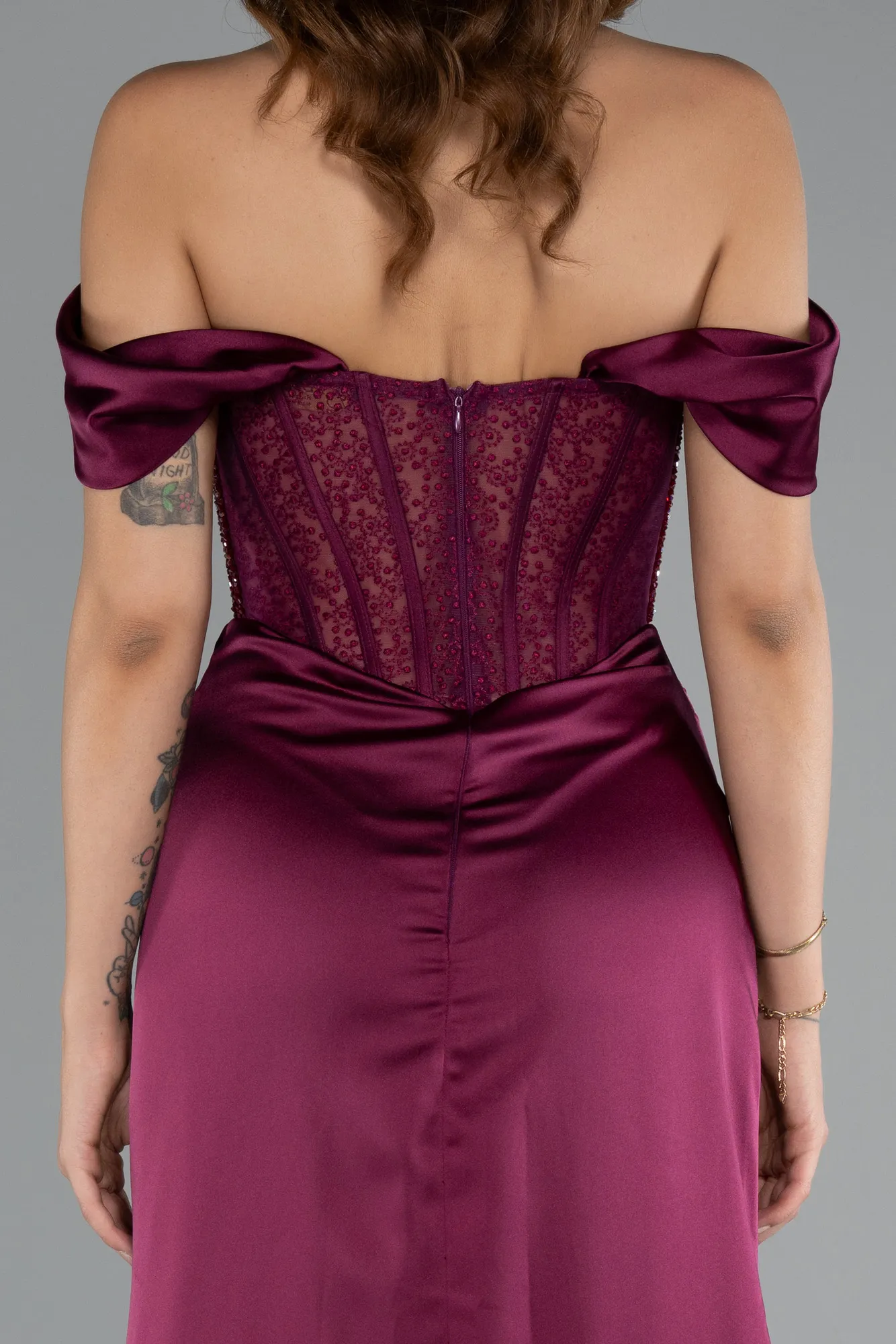 Plum-Long Satin Evening Dress ABU5130