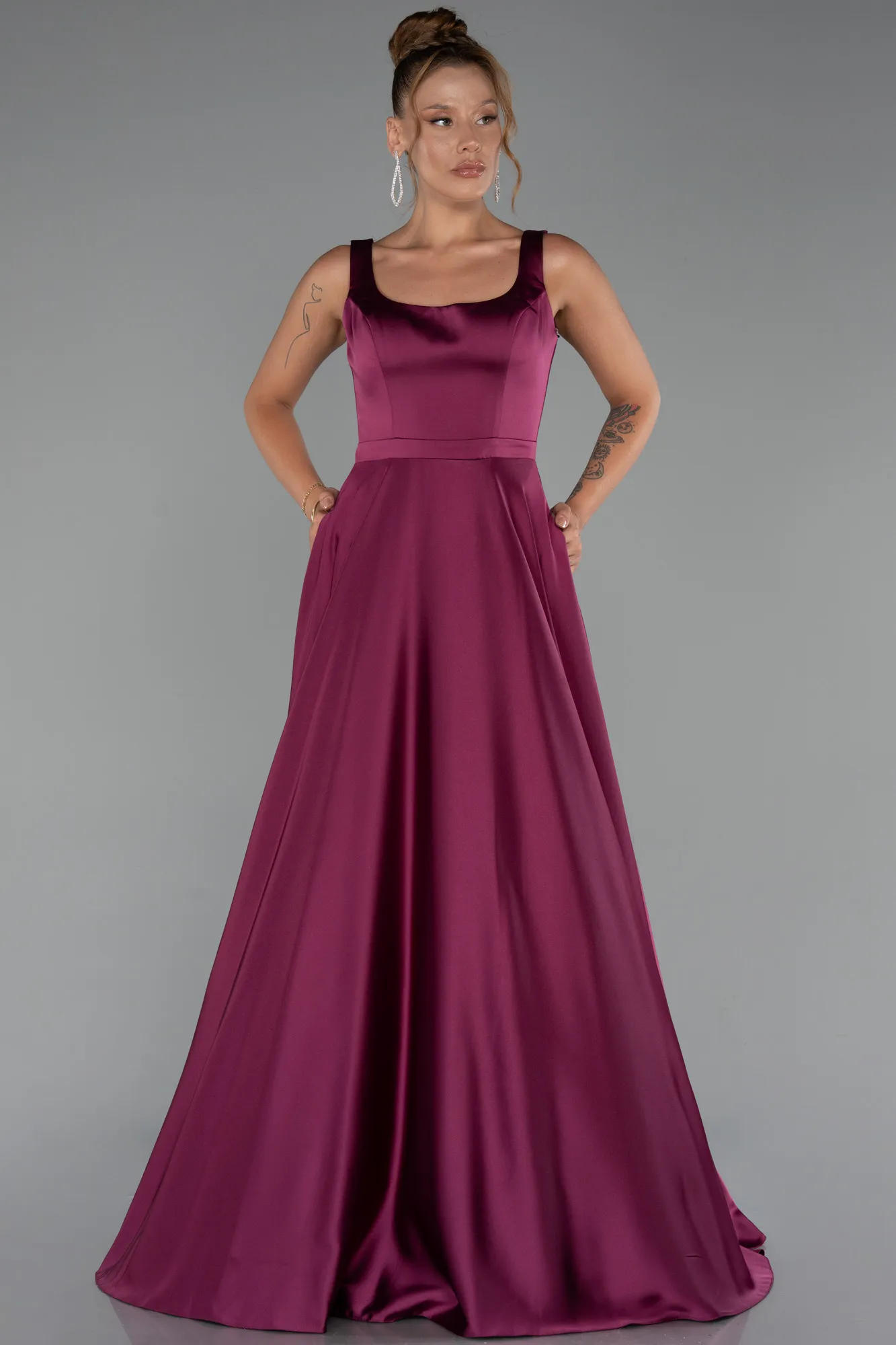 Plum-Long Satin Evening Dress ABU5136