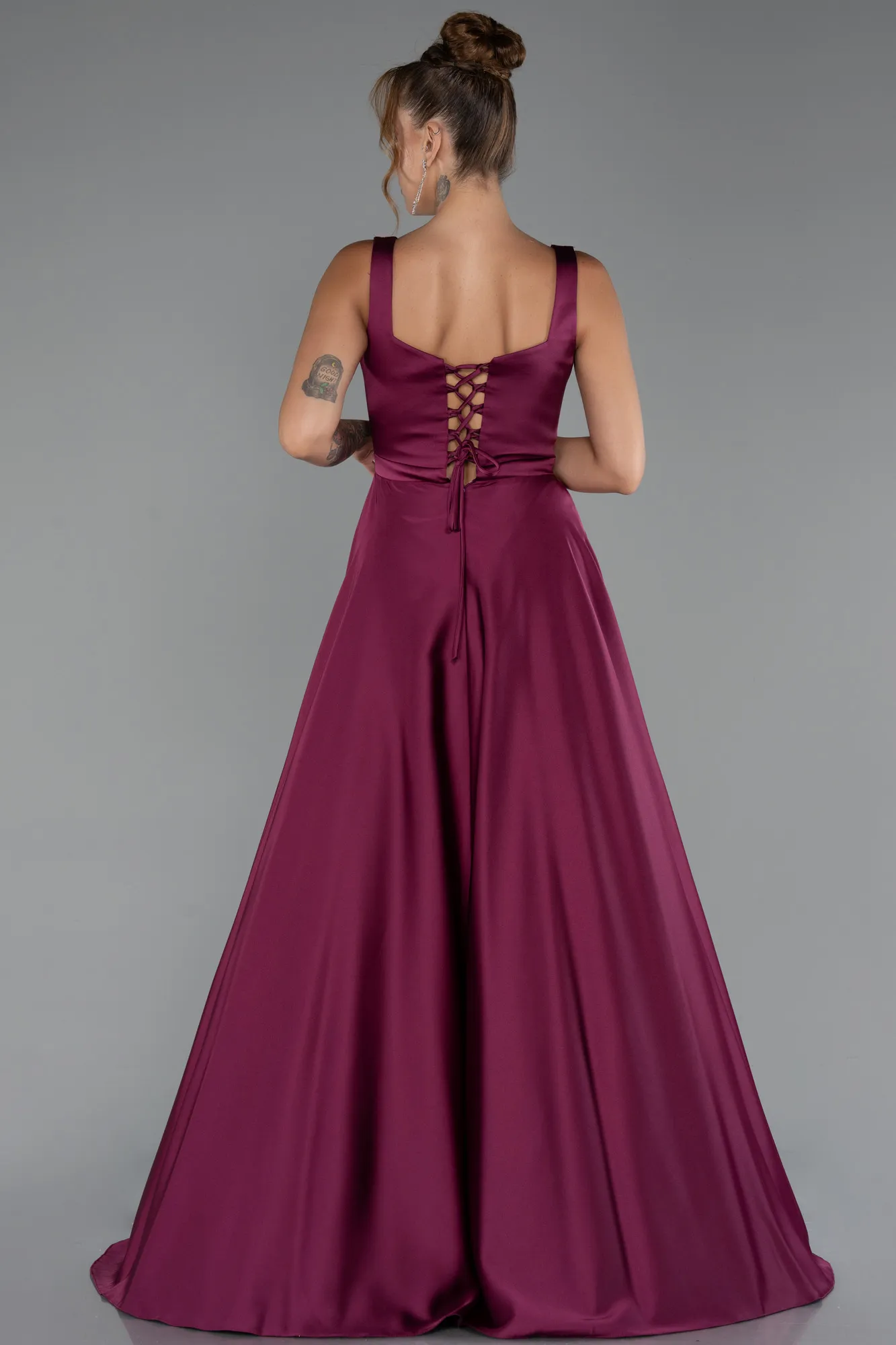Plum-Long Satin Evening Dress ABU5136