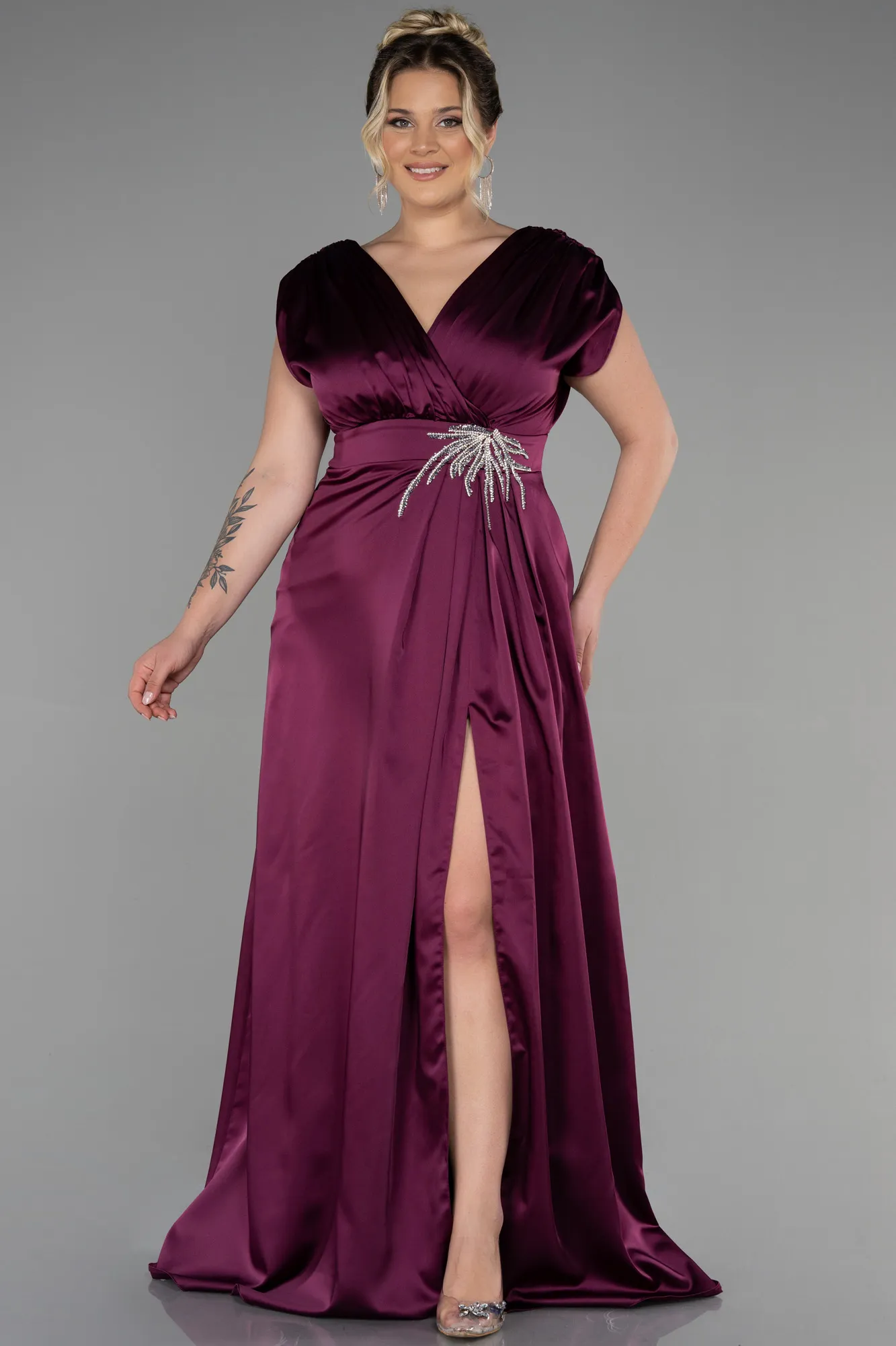 Plum-Long Satin Plus Size Engagement Dress ABU3433