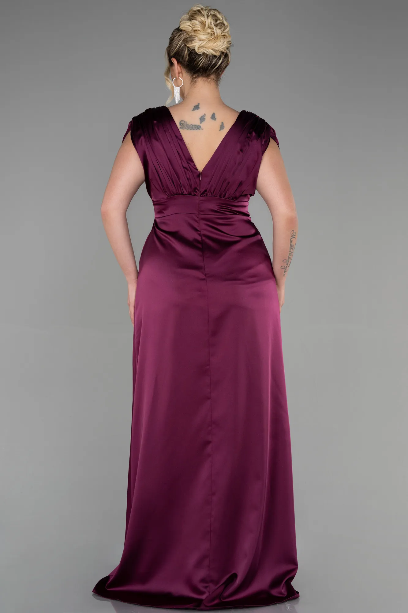 Plum-Long Satin Plus Size Engagement Dress ABU3433