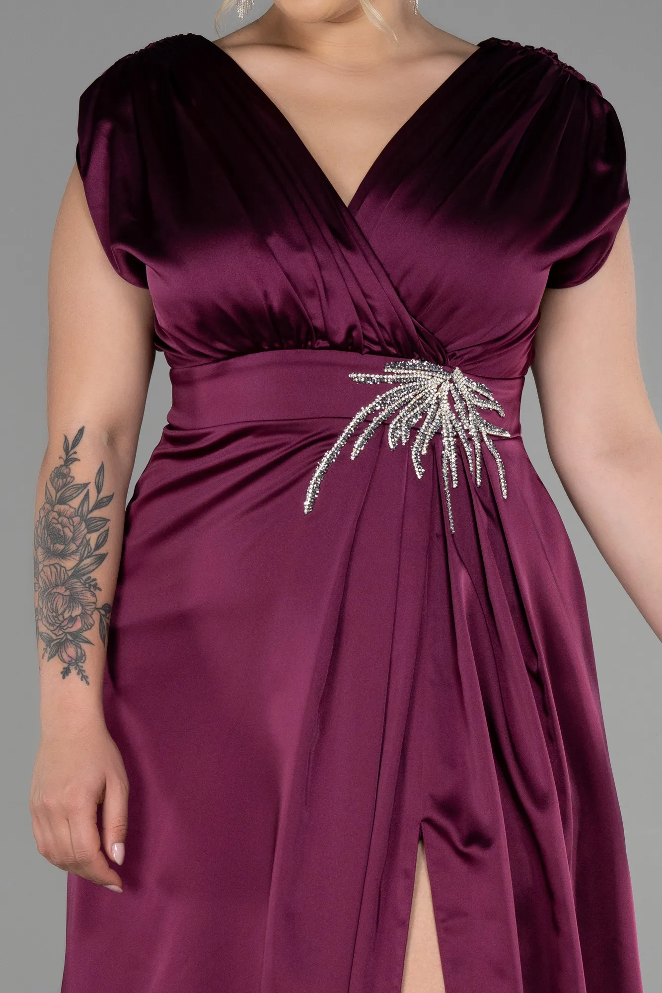 Plum-Long Satin Plus Size Engagement Dress ABU3433