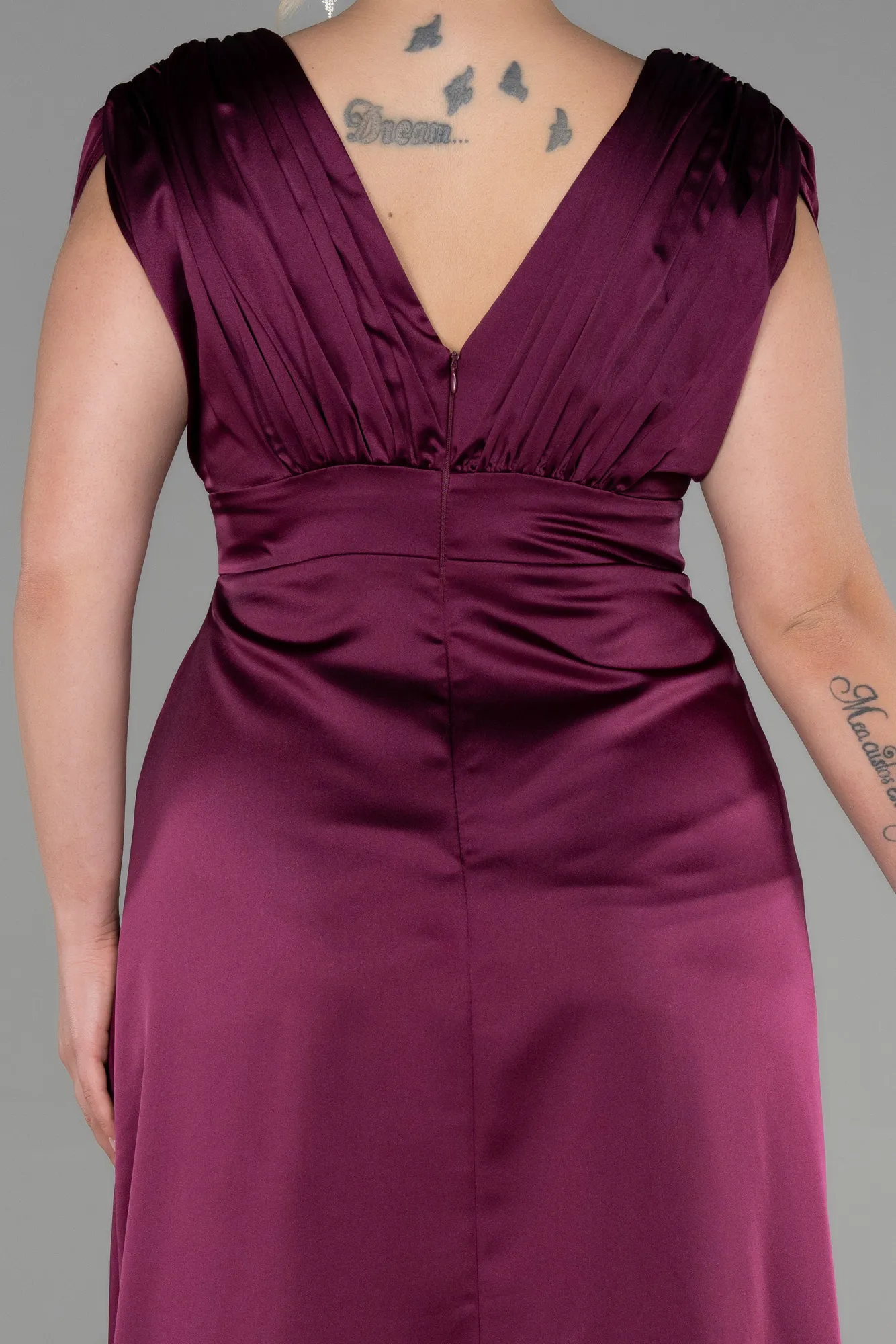 Plum-Long Satin Plus Size Engagement Dress ABU3433