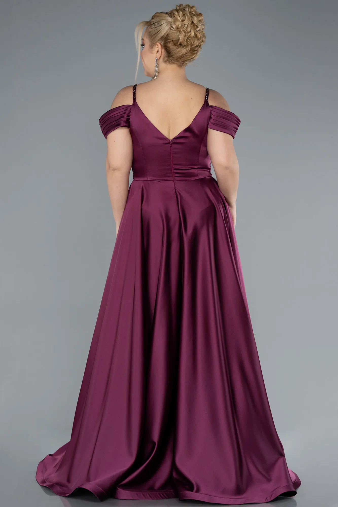 Plum-Long Satin Plus Size Engagement Dress ABU4539