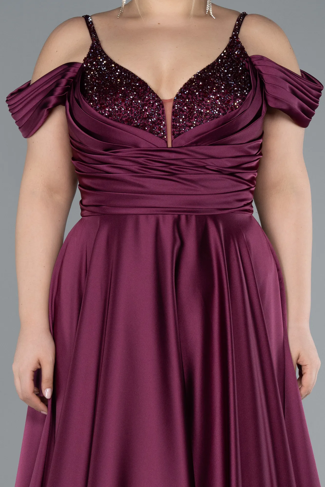 Plum-Long Satin Plus Size Engagement Dress ABU4539