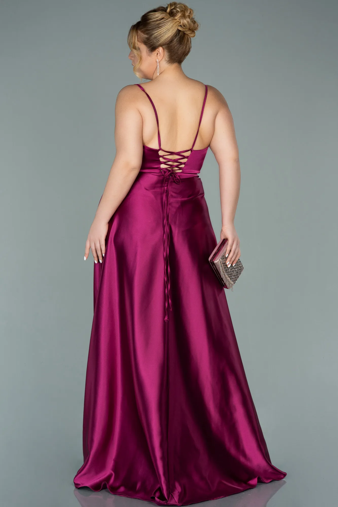 Plum-Long Satin Plus Size Evening Dress ABU2011