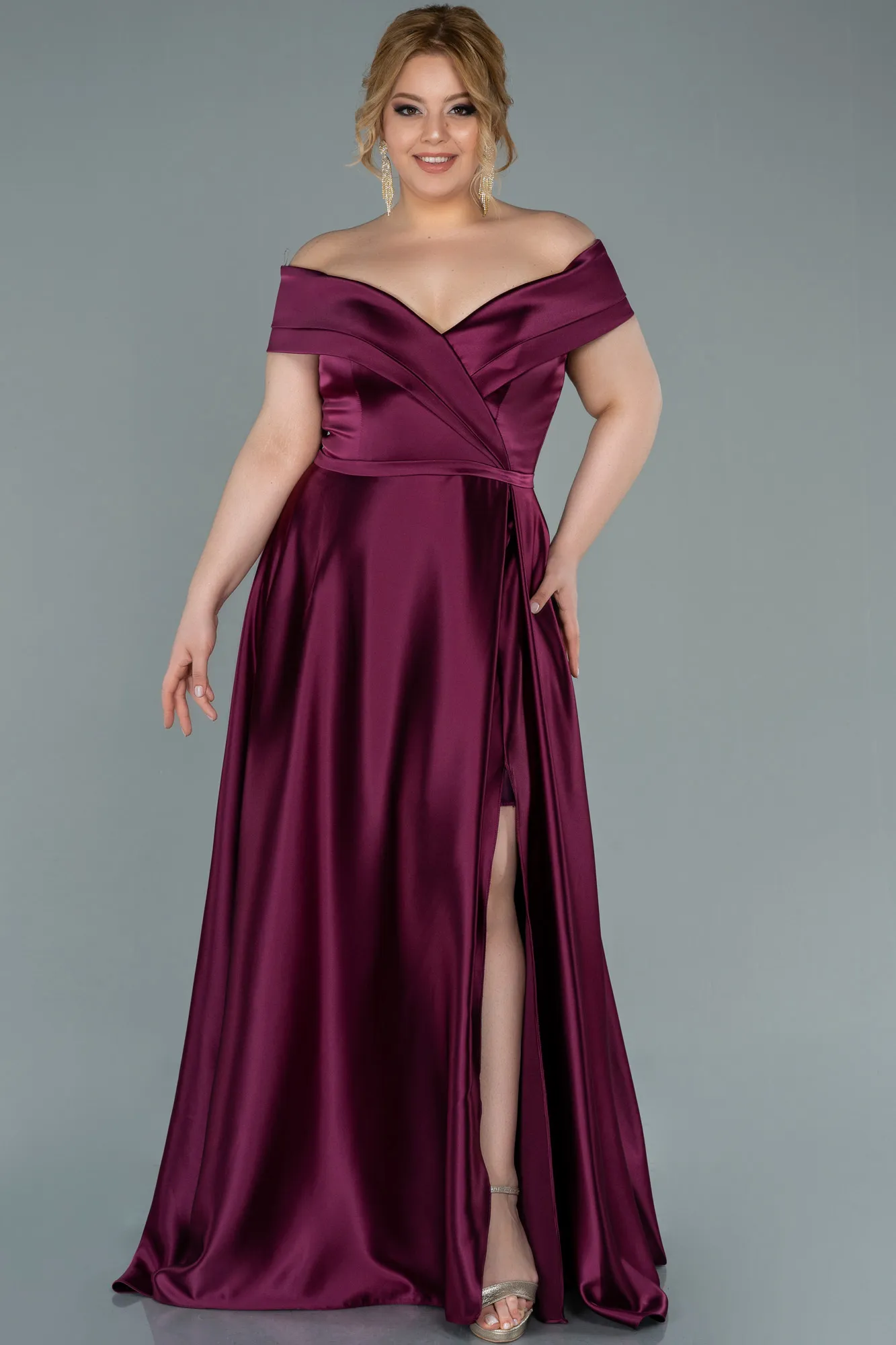 Plum-Long Satin Plus Size Evening Dress ABU2355
