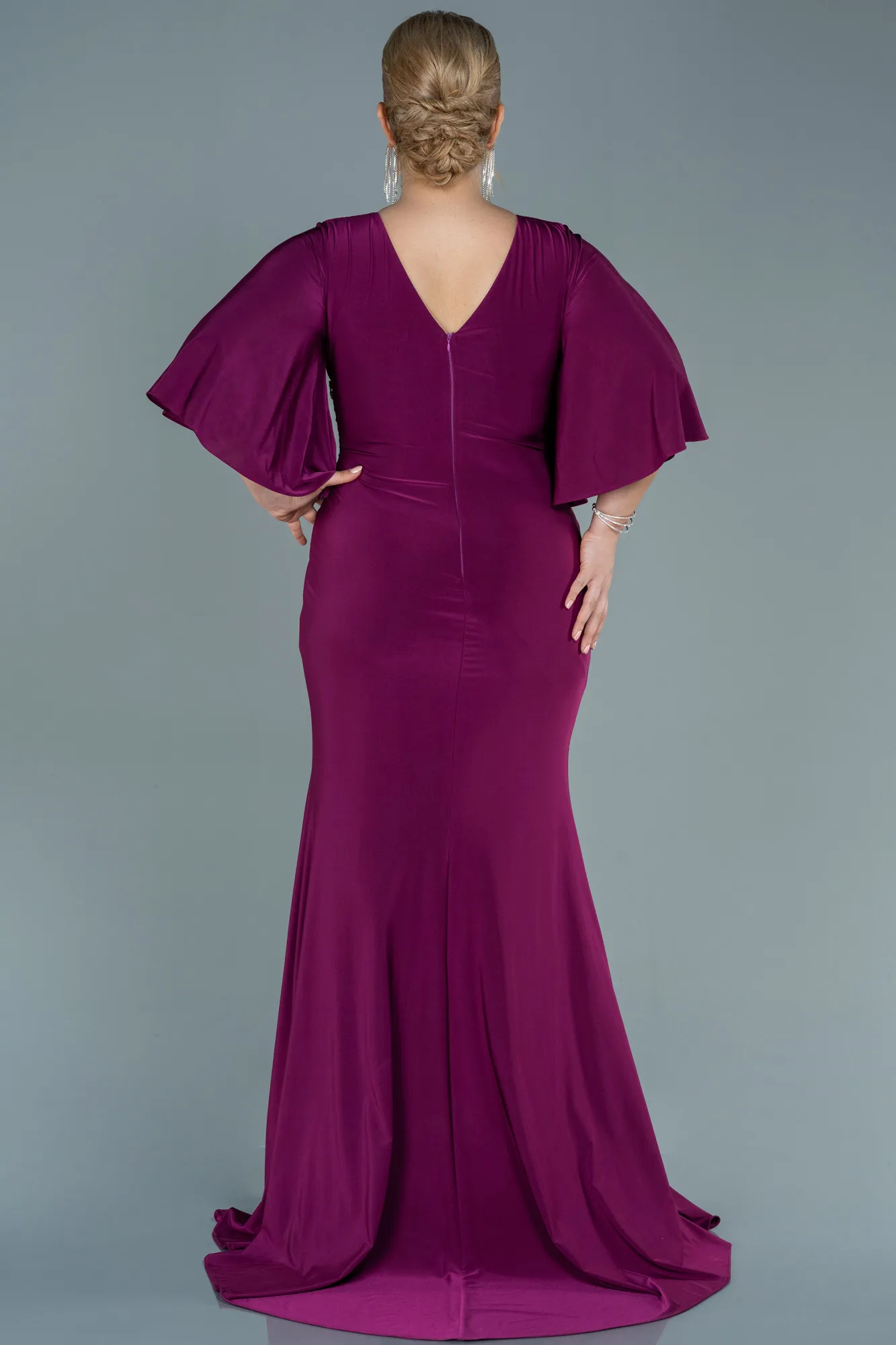 Plum-Long Satin Plus Size Evening Dress ABU2646